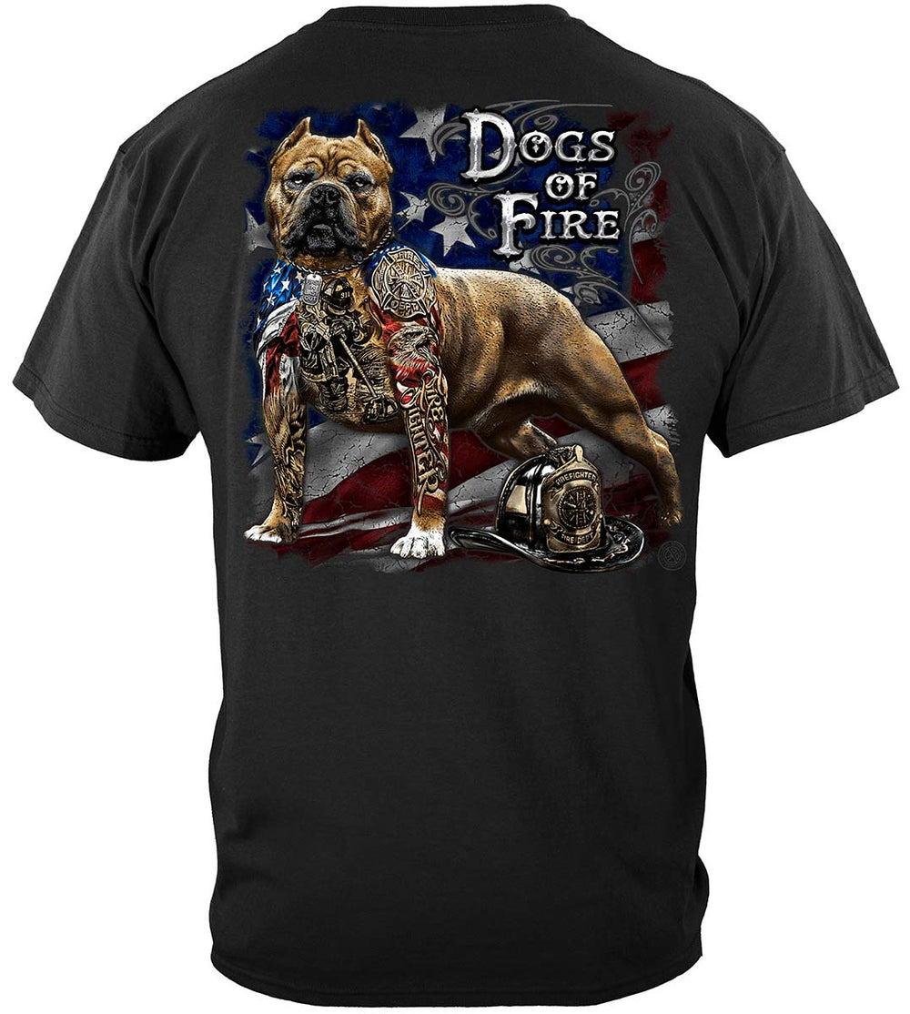Firefighter Pit Bull Tattoo American Flag T-Shirt - back view