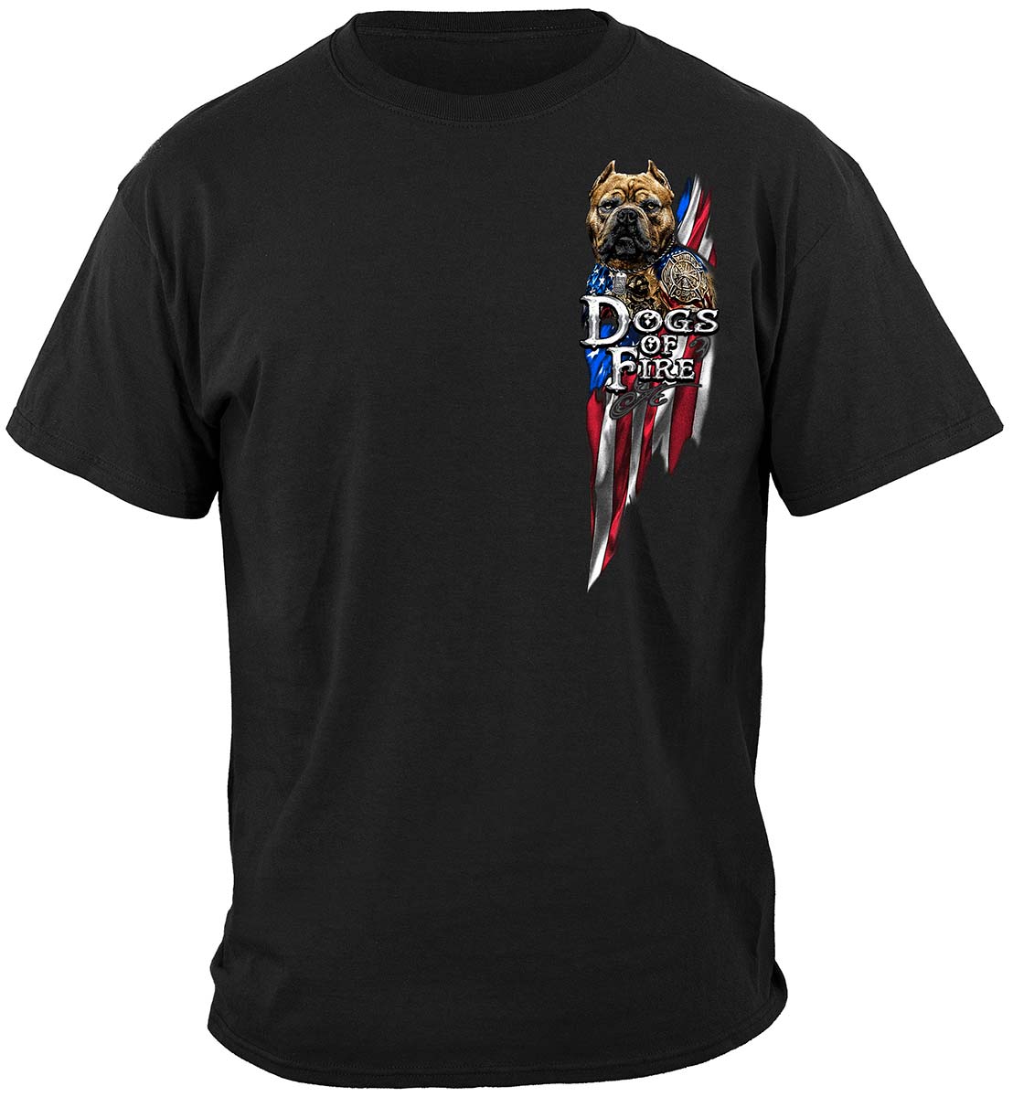 Firefighter Pit Bull Tattoo American Flag T-Shirt - front view