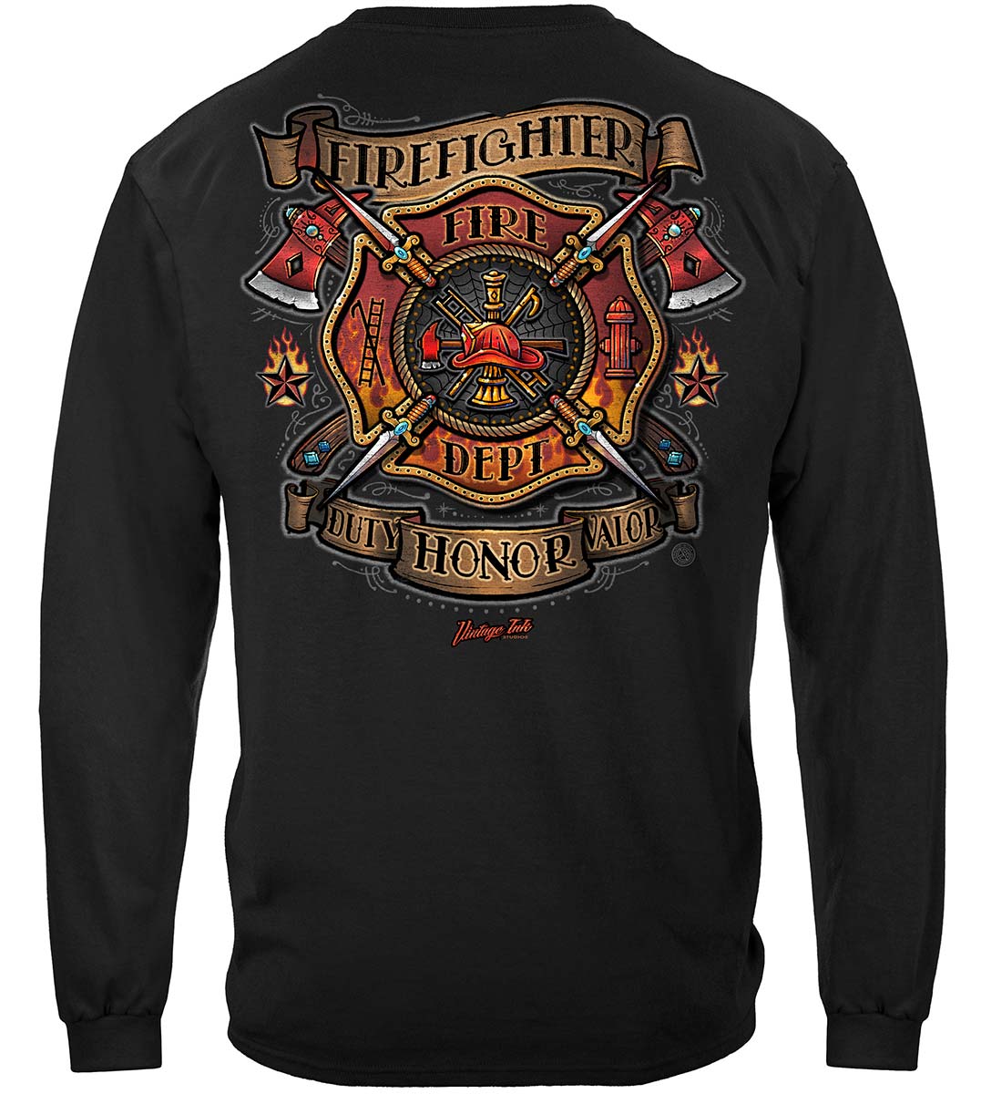 Firefighter Vintage Tattoo Art Long Sleeve Shirt - back view