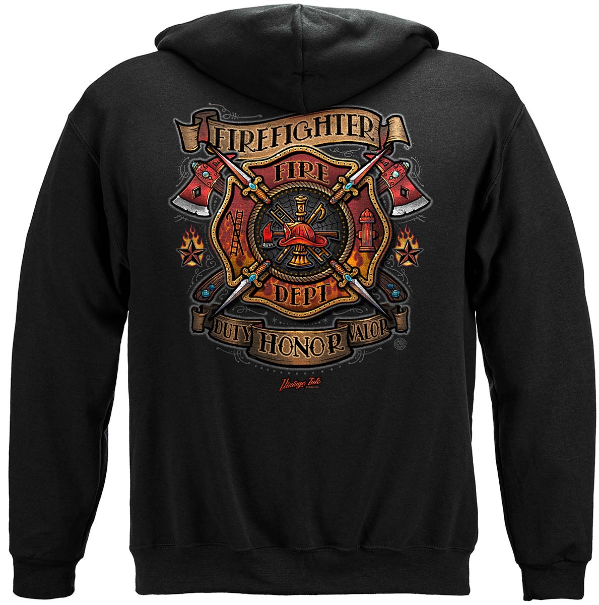 Firefighter Vintage Tattoo Art Hoodie - back view