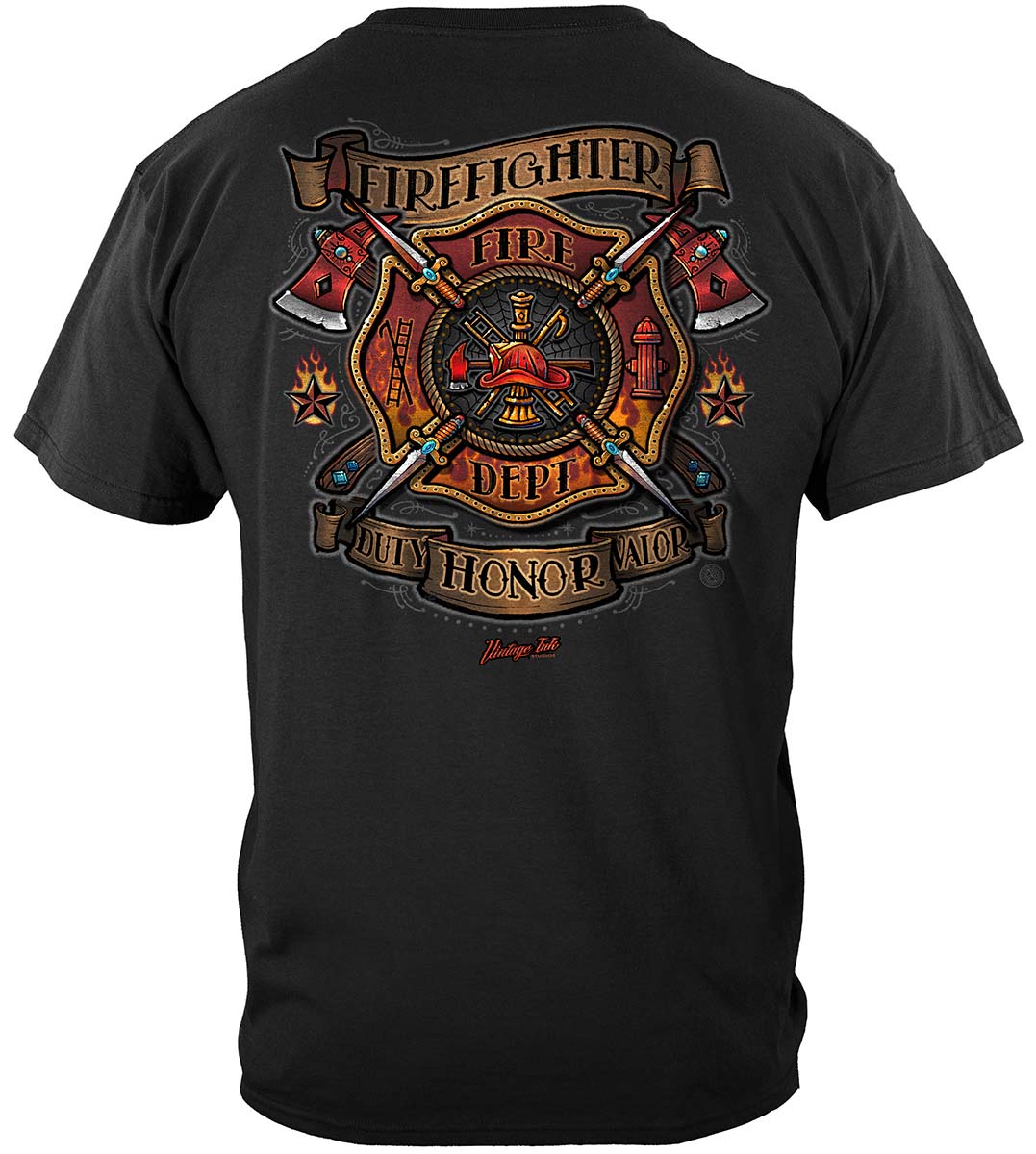 Firefighter Vintage Tattoo Art T-Shirt - back view