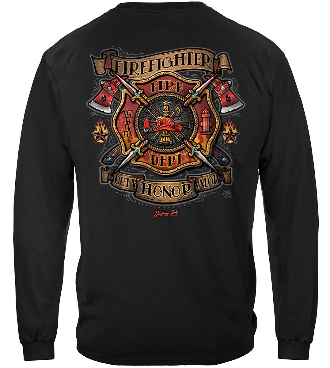 Firefighter Tattoo Vintage Ink Long Sleeve Shirt - back view