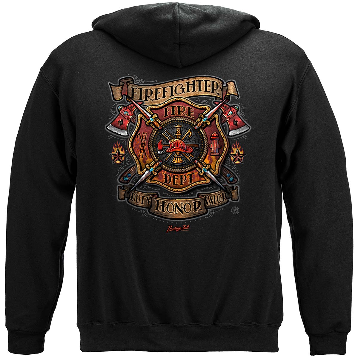 Firefighter Tattoo Vintage Ink Hoodie - back view