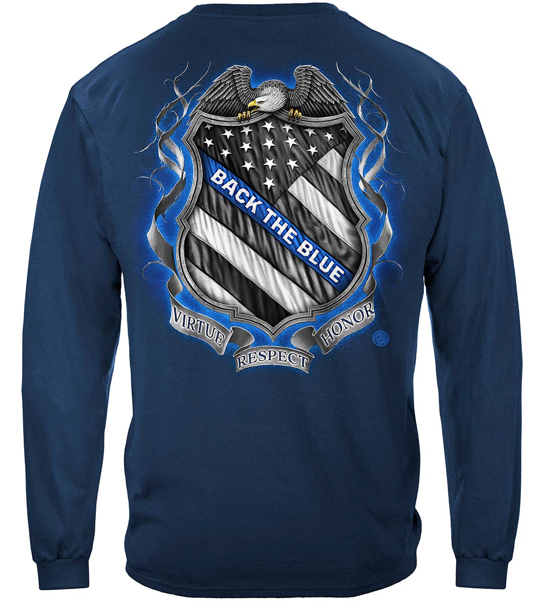Law Enforcement Back the Blue Virtue Respect Honor Long Sleeve Shirt - back view