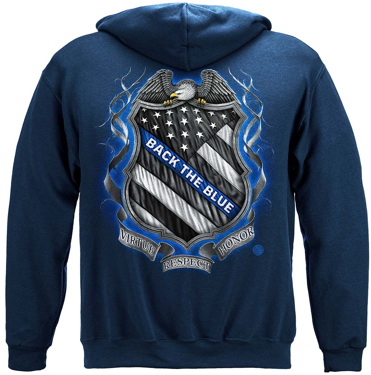 Law Enforcement Back the Blue Virtue Respect Honor Hoodie - back view