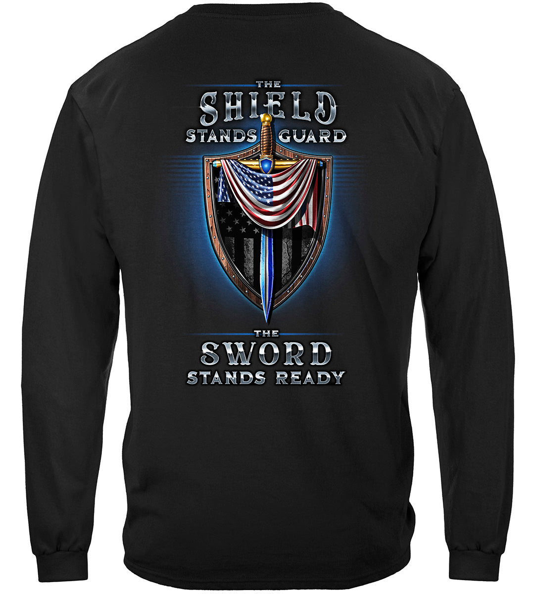 Law Enforcement Police Sword and Shield Thin Blue Line Long Sleeve Shirt - back view