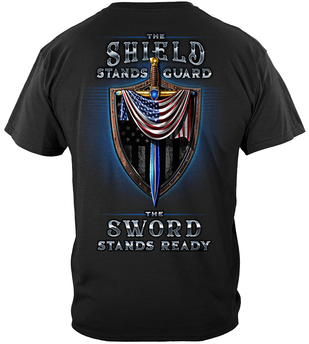 Law Enforcement Police Sword and Shield Thin Blue Line T-Shirt - back view