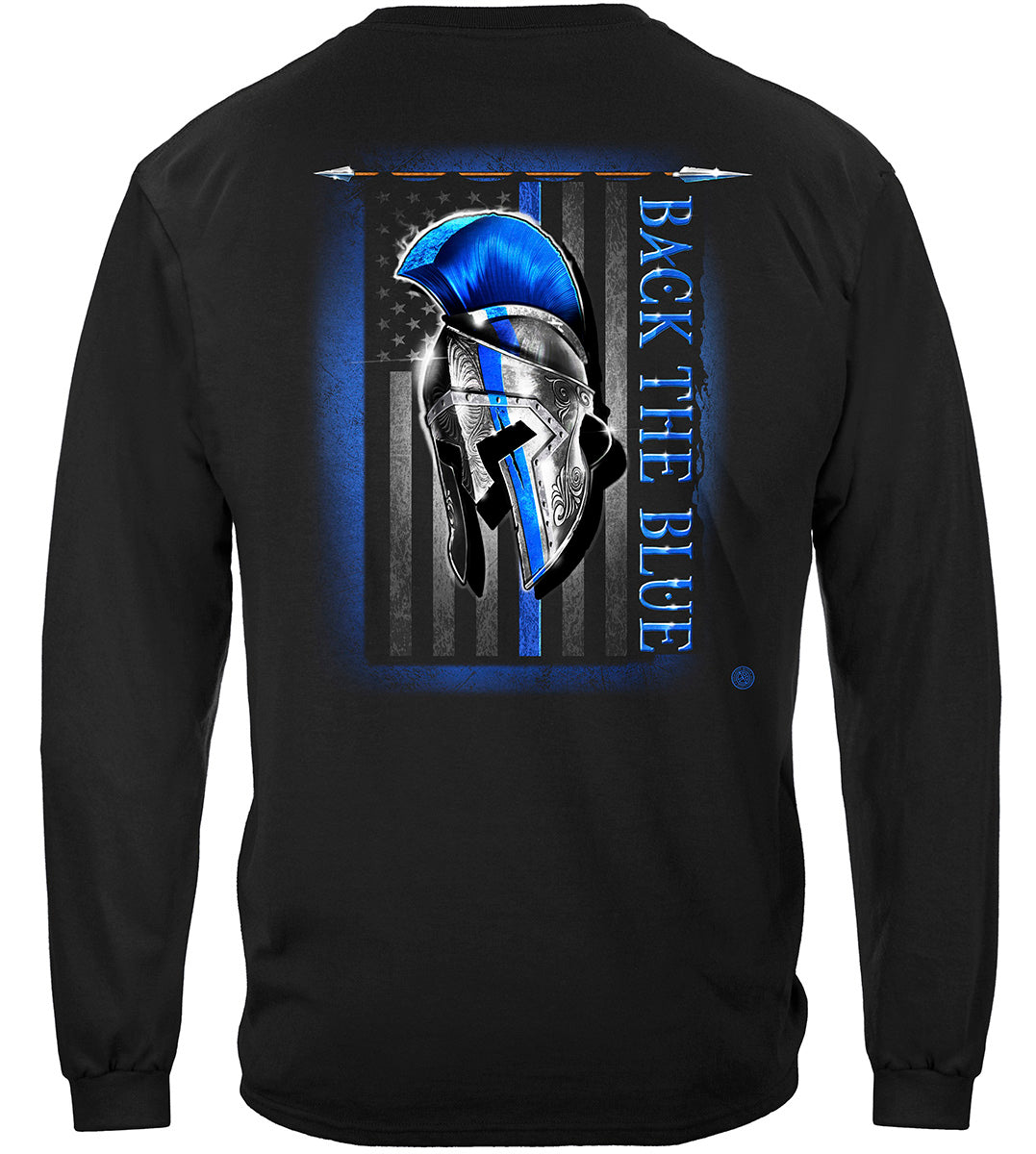Thin Blue Line Spartan Helmet Back the Blue Long Sleeve Shirt - back view