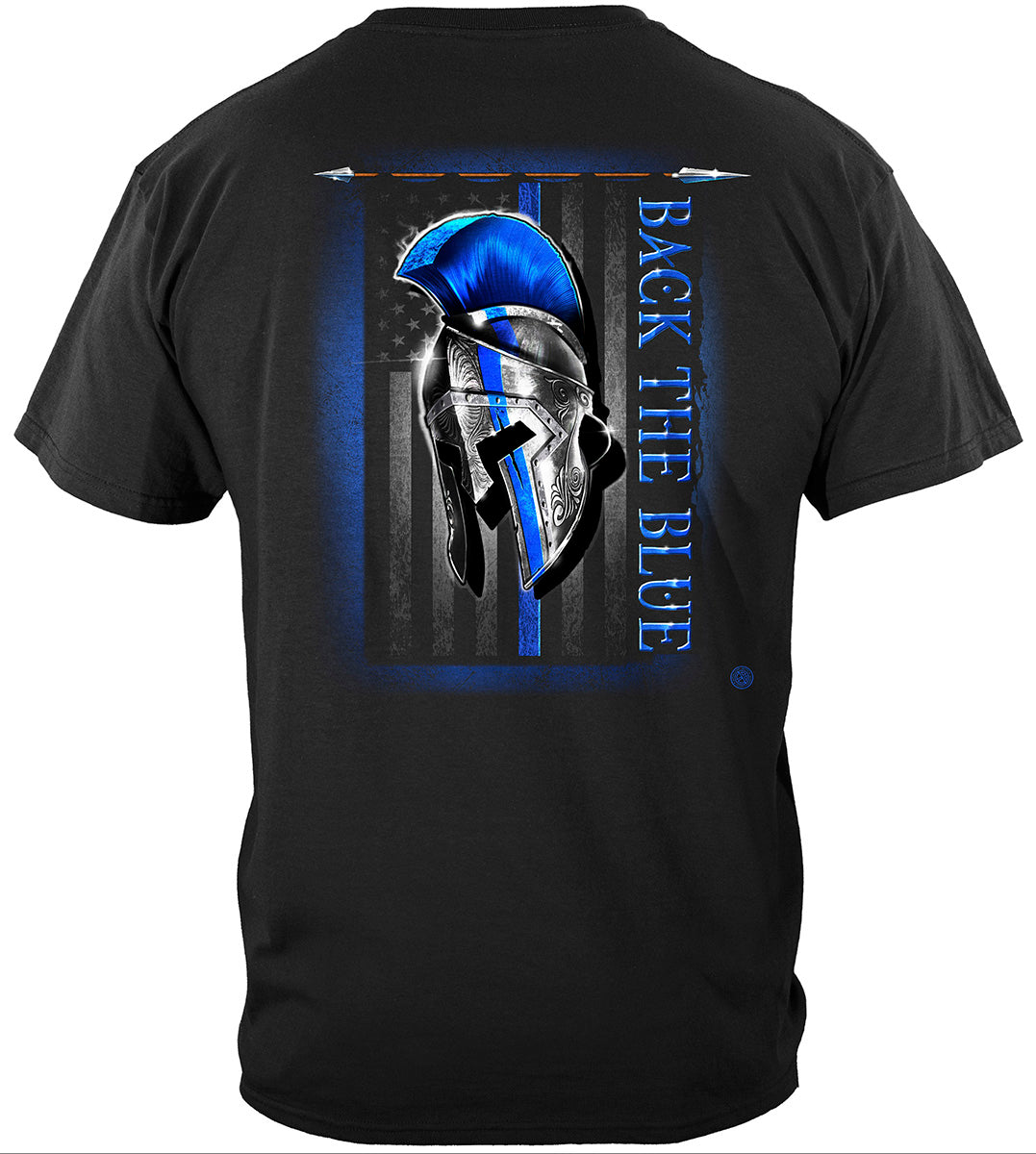 Thin Blue Line Spartan Helmet Back the Blue T-Shirt - back view