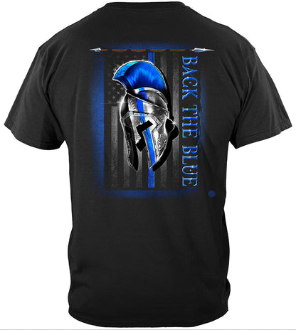 Thin Blue Line Spartan Helmet Back the Blue T-Shirt - back view
