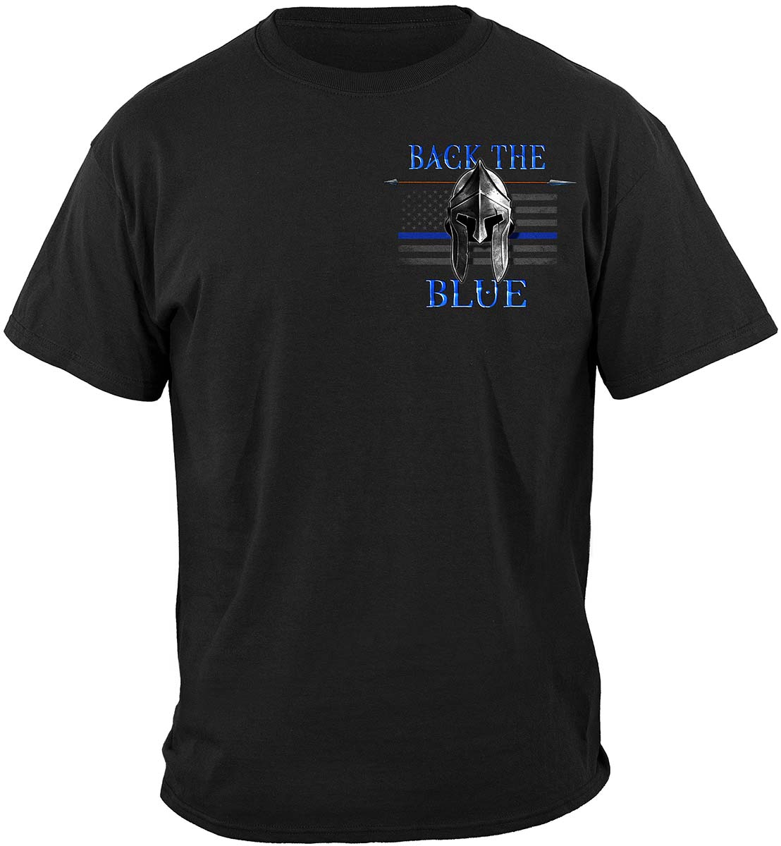 Thin Blue Line Spartan Helmet Back the Blue T-Shirt - front view