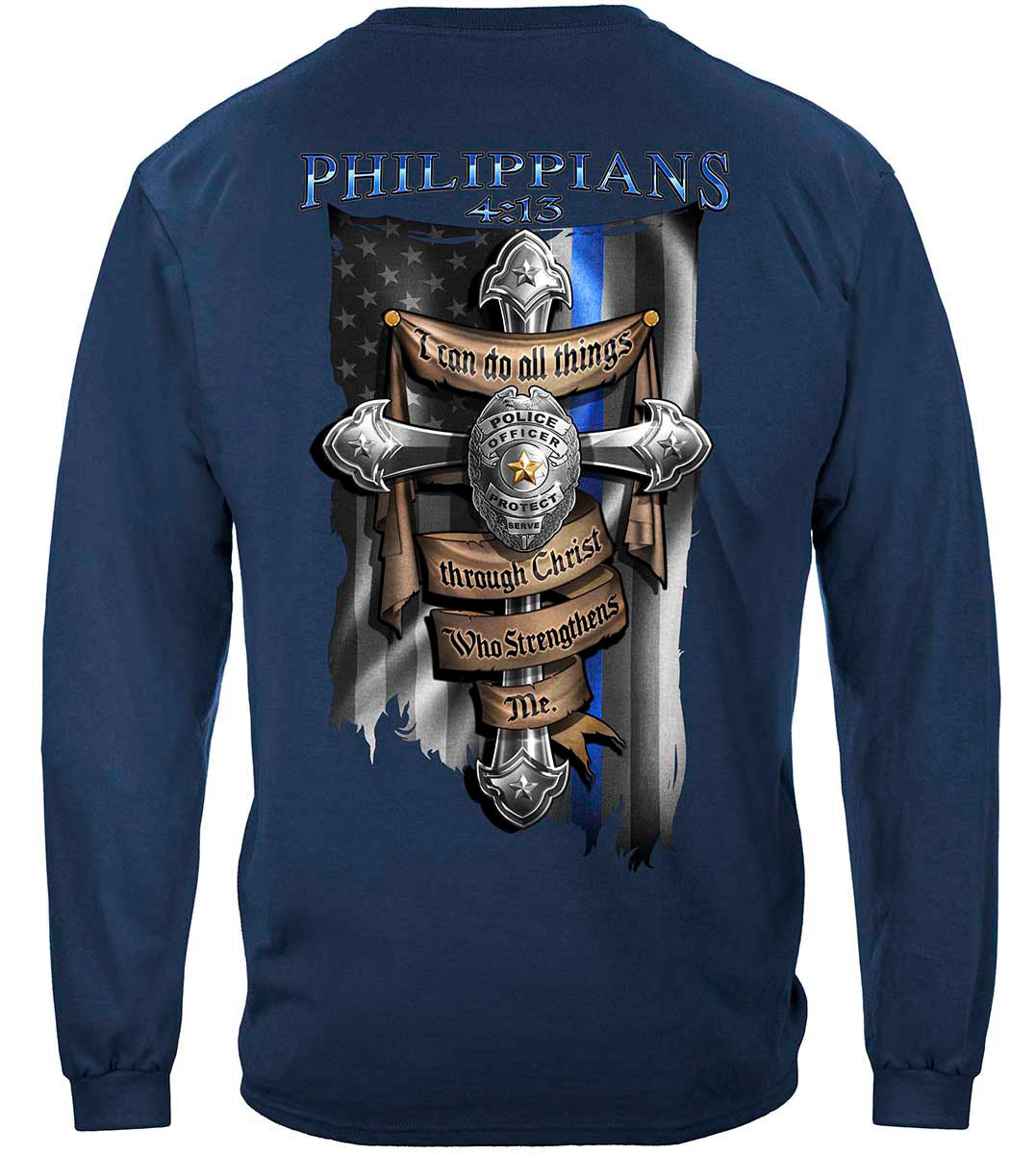 Law Enforcement Philippians 4:13 Thin Blue Line Long Sleeve Shirt - back view