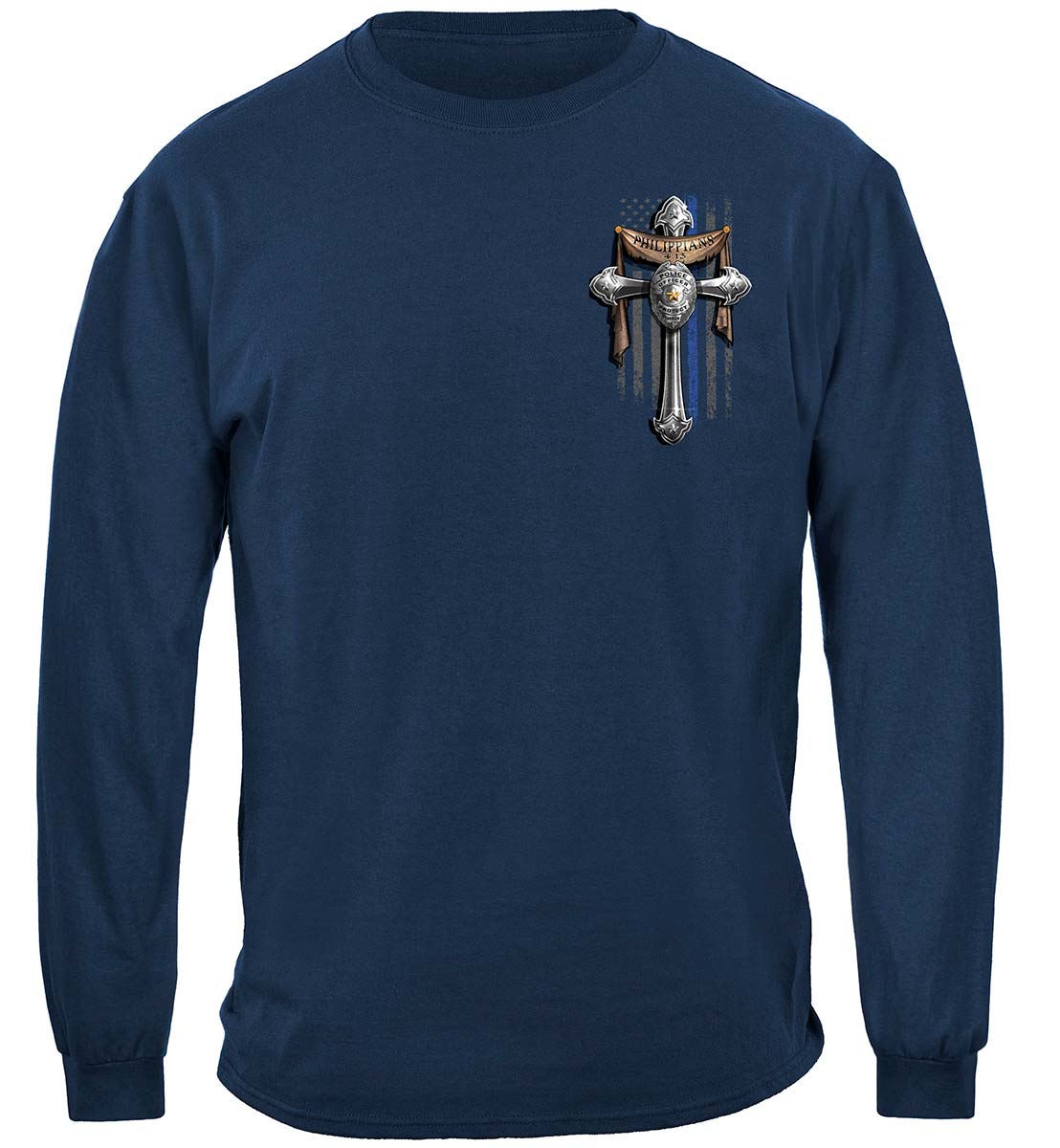 Law Enforcement Philippians 4:13 Thin Blue Line Long Sleeve Shirt - front view