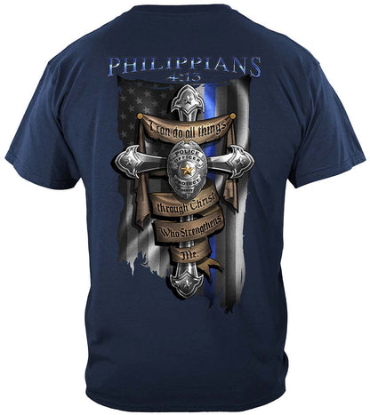Law Enforcement Philippians 4:13 Thin Blue Line T-Shirt - back view