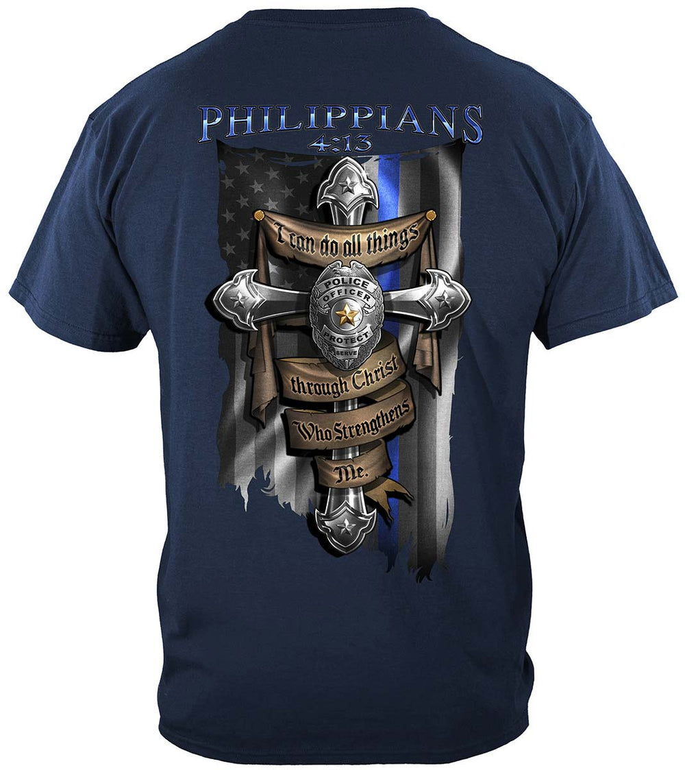 Law Enforcement Philippians 4:13 Thin Blue Line T-Shirt - back view