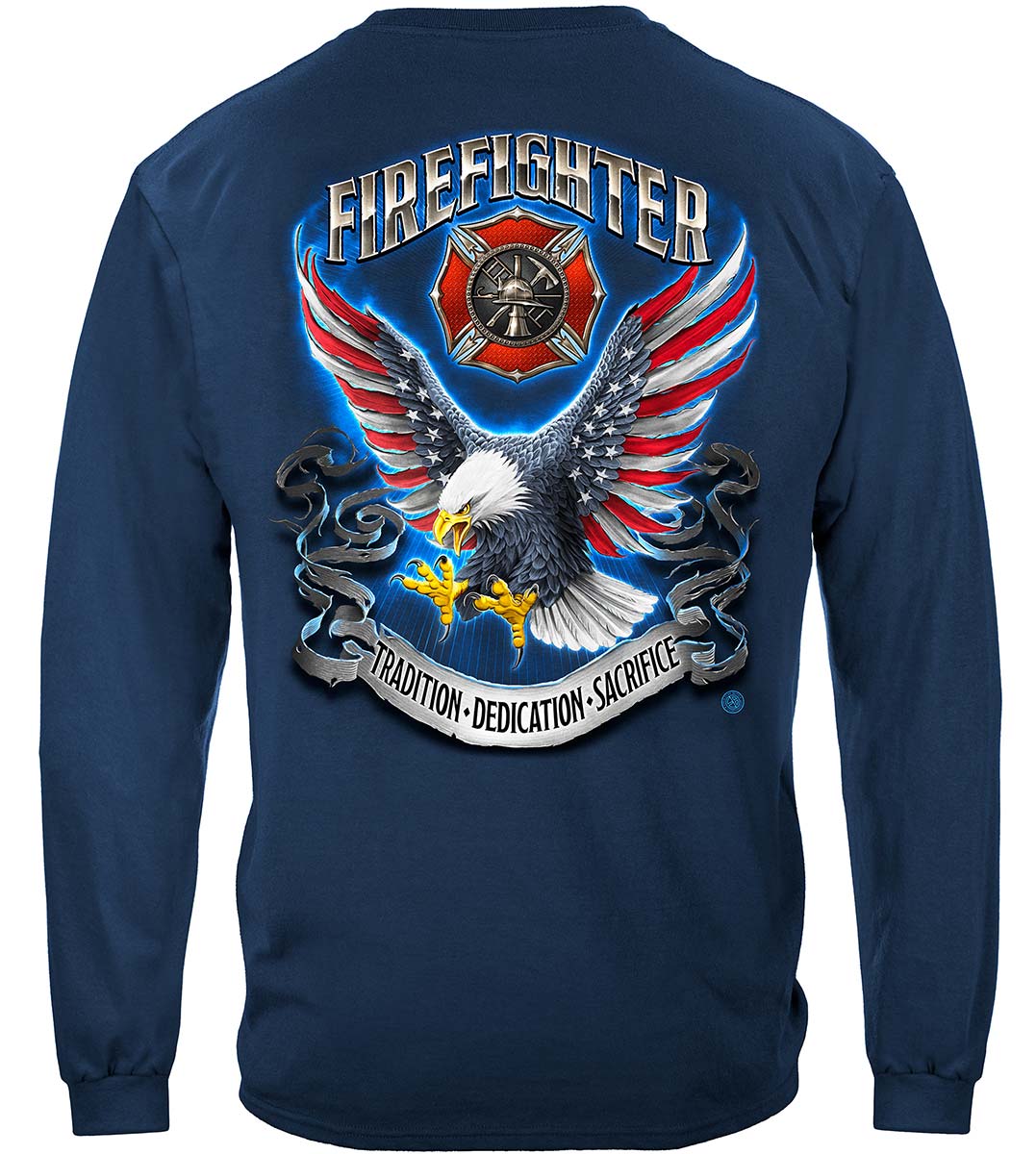 Firefighter Eagle American Flag Bald Eagle Feather Long Sleeve Shirt - back view