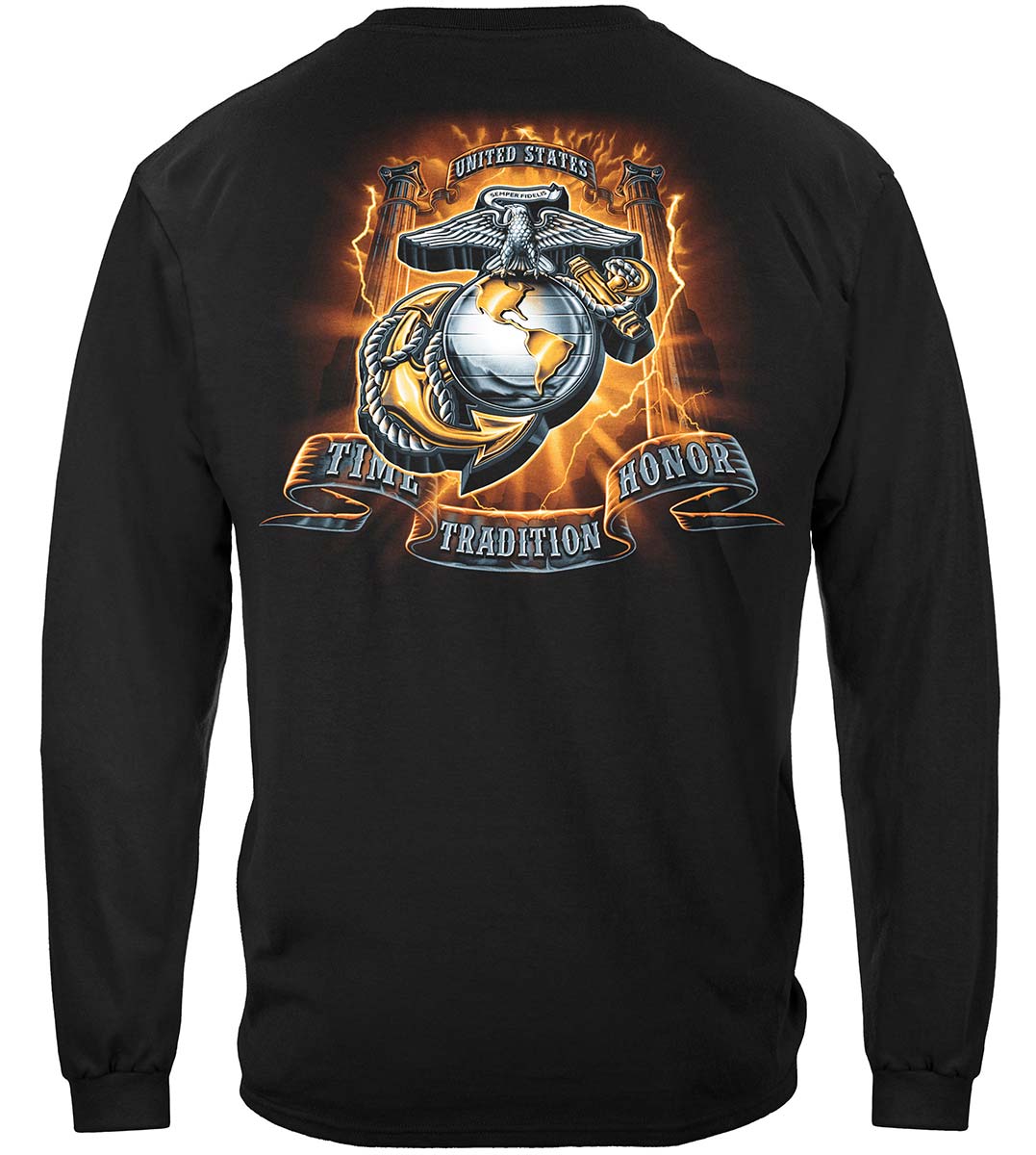 USMC Gold Lightning Time Honor Tradition Eagle Long Sleeve Shirt - back view