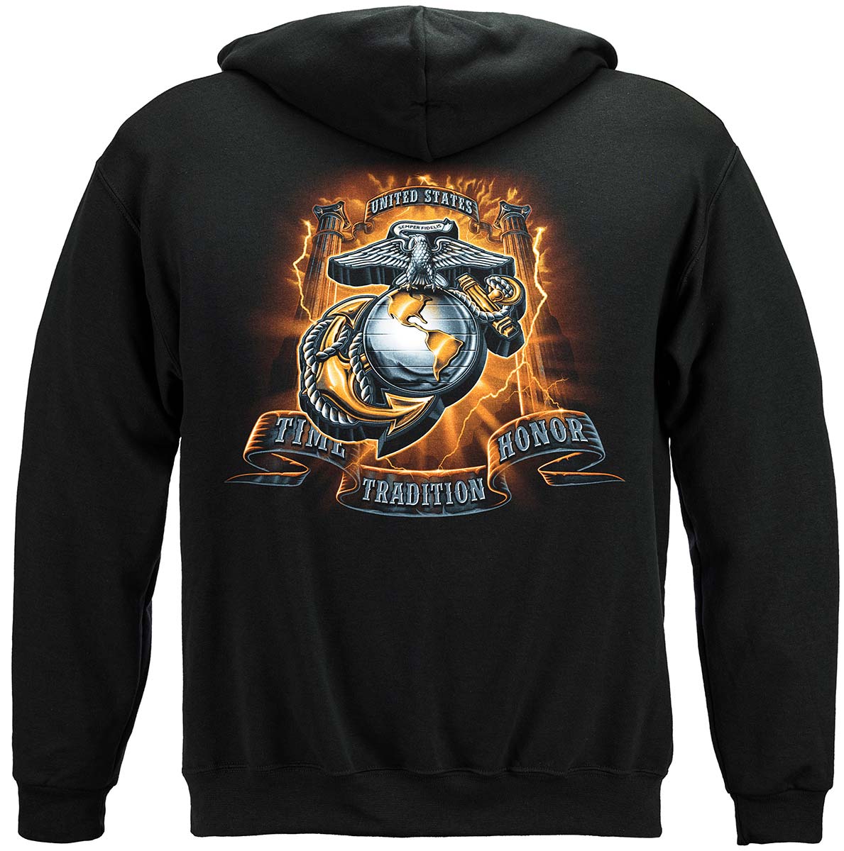 USMC Gold Lightning Time Honor Tradition Eagle Hoodie - back view