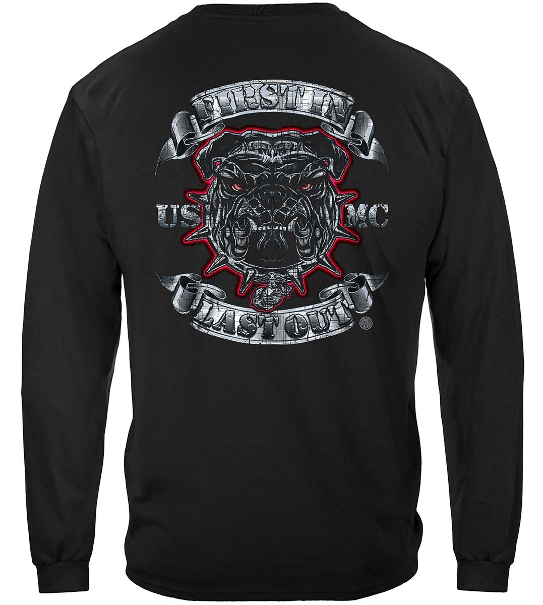 USMC First In Last Out Silver Foil Bulldog Long Sleeve Shirt - back view