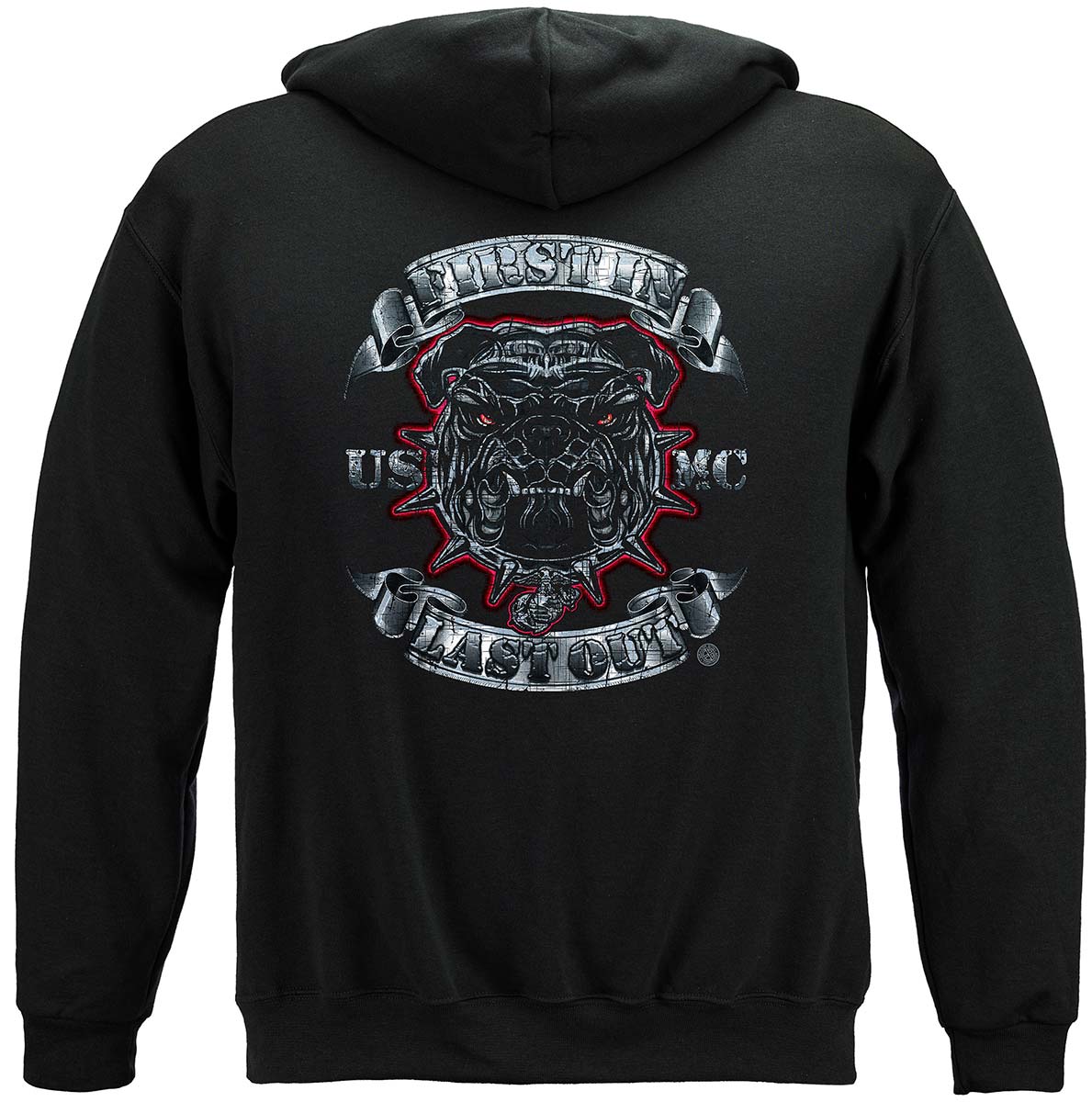 USMC First In Last Out Silver Foil Bulldog Hoodie - back view