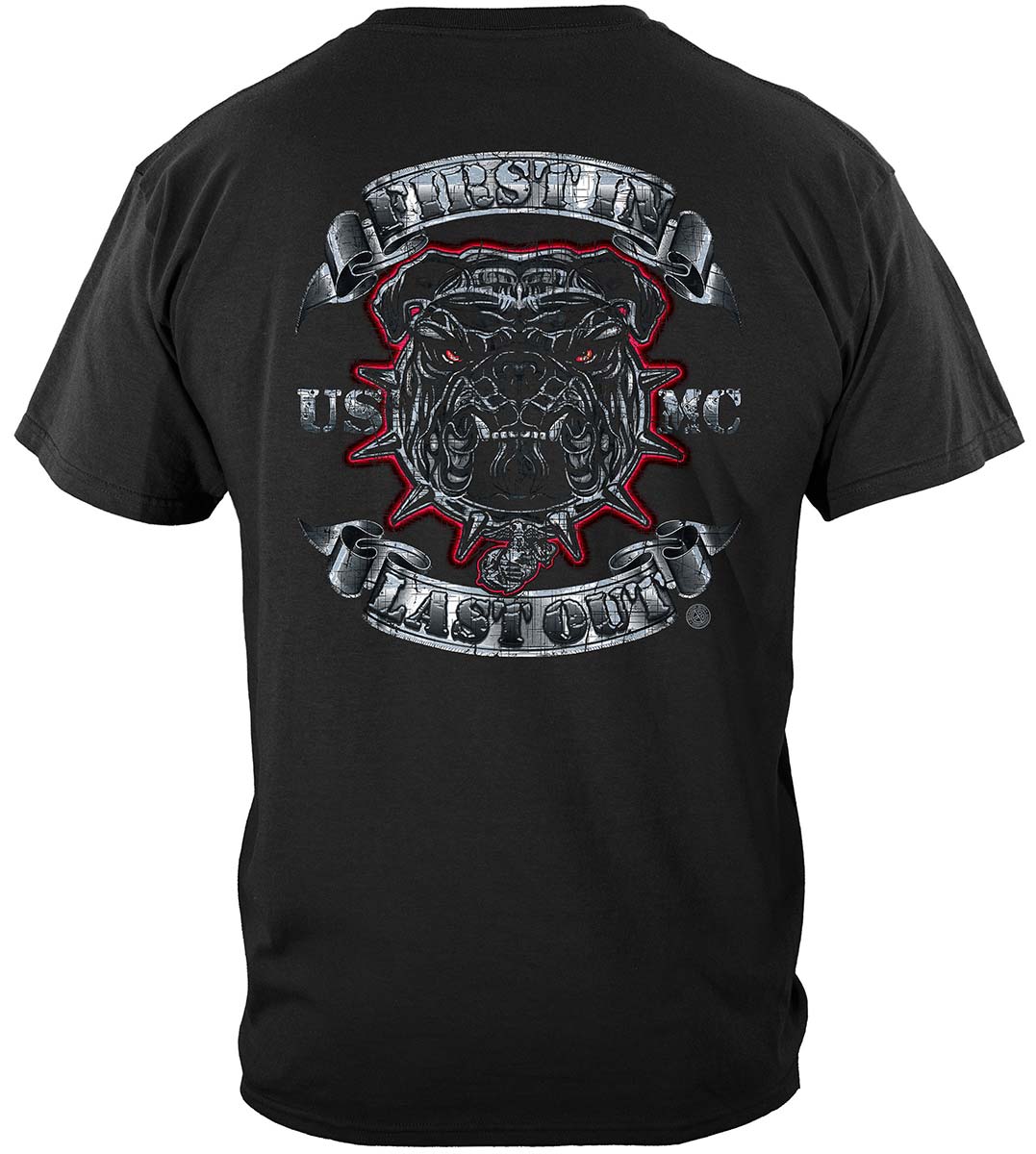 USMC First In Last Out Silver Foil Bulldog T-Shirt - back view