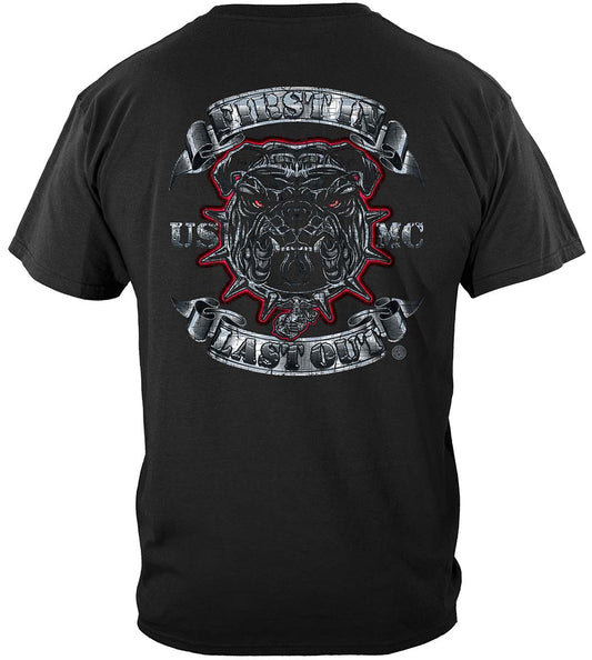USMC First In Last Out Silver Foil Bulldog T-Shirt - back view