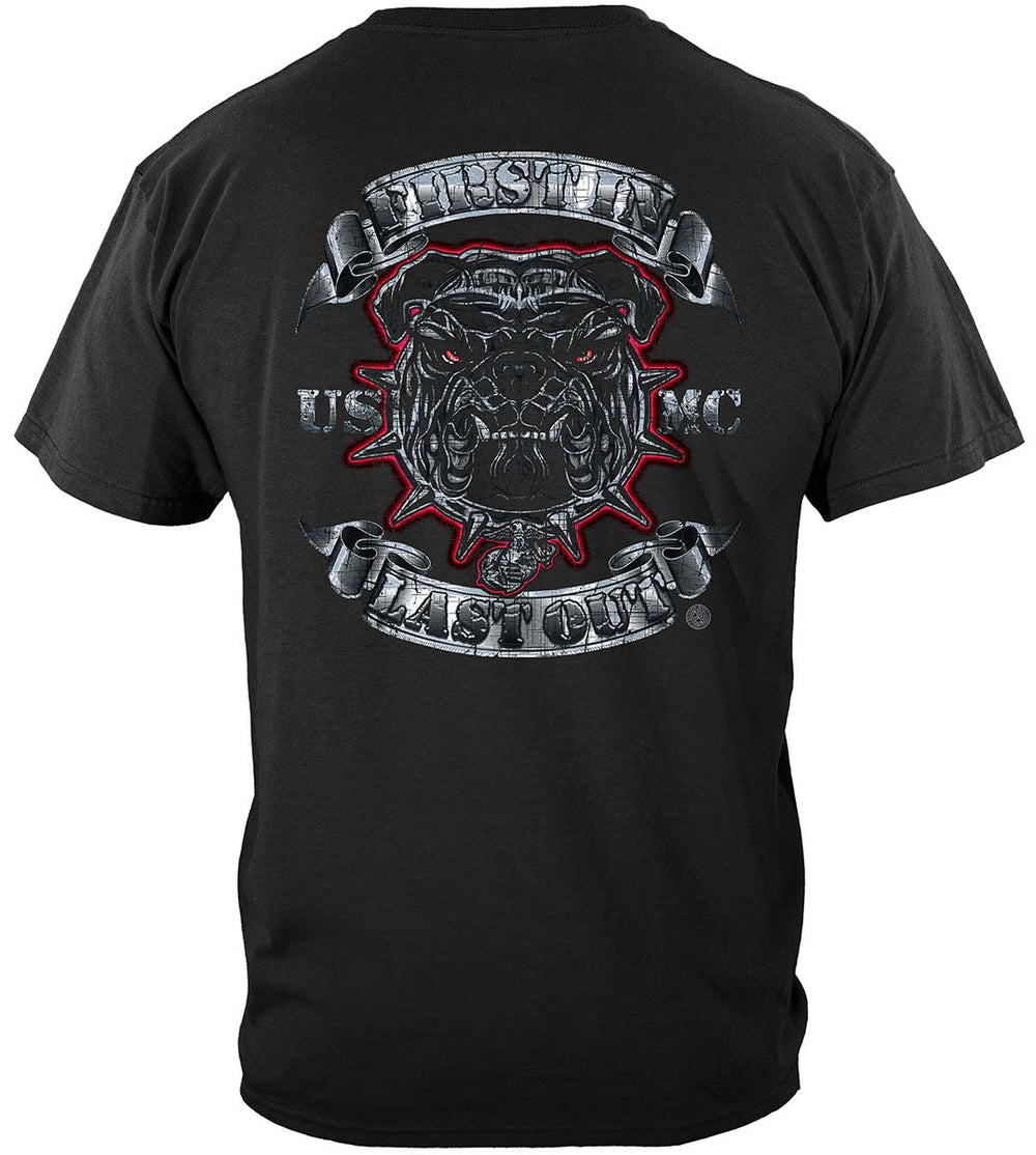 USMC First In Last Out Silver Foil Bulldog T-Shirt - back view