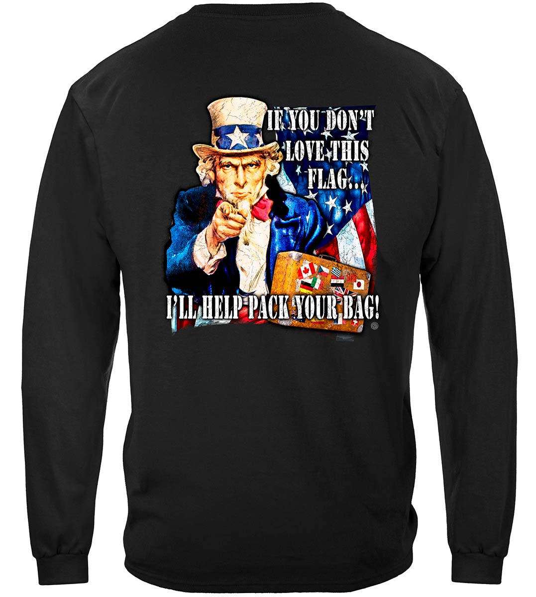 Uncle Sam Pack Your Bags Flag Long Sleeve Shirt - back view