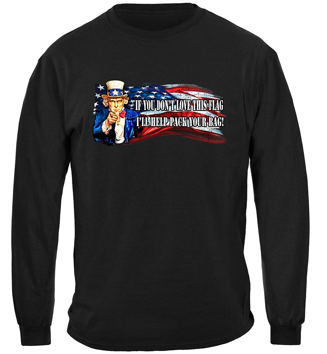 Uncle Sam Pack Your Bags Flag Long Sleeve Shirt - front view