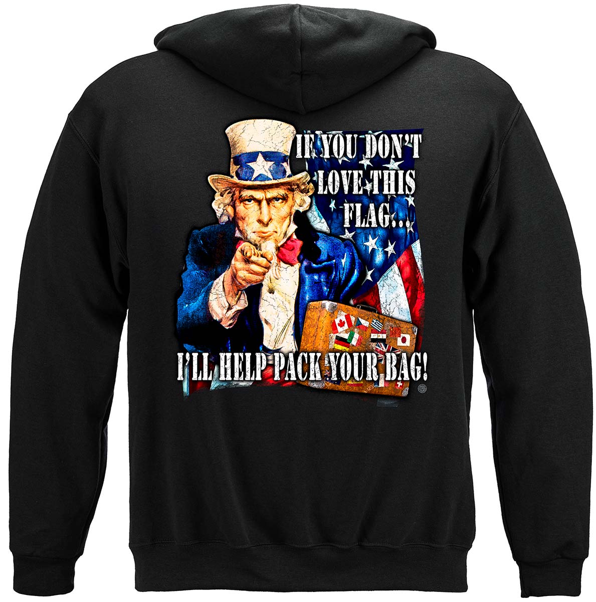 Uncle Sam Pack Your Bags Flag Hoodie - back view