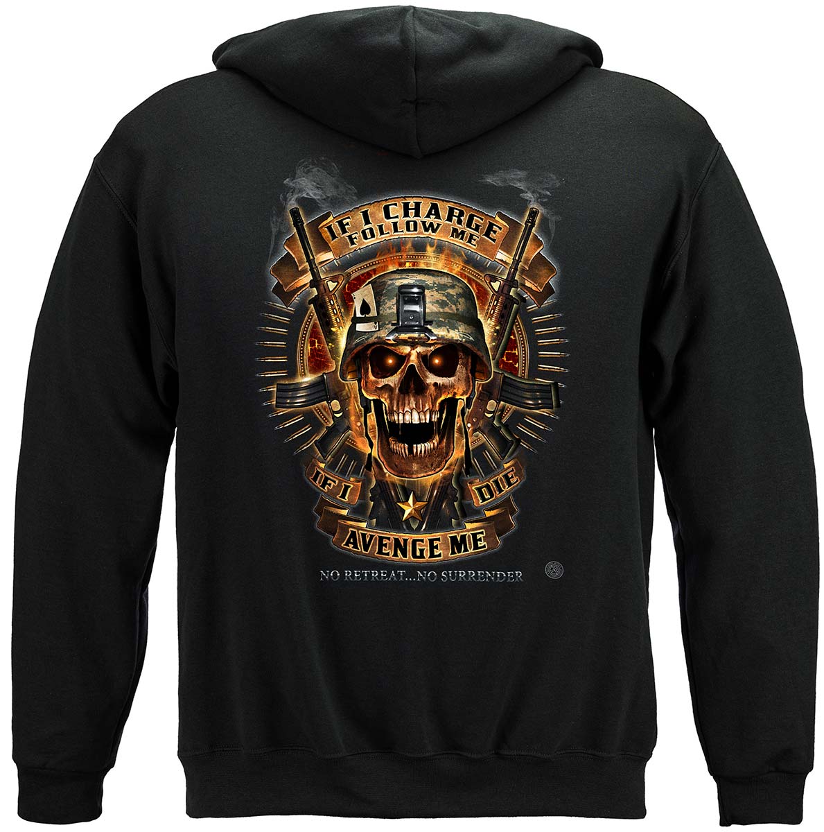 Skull of Doom If I Die Avenge Me No Retreat Hoodie - back view