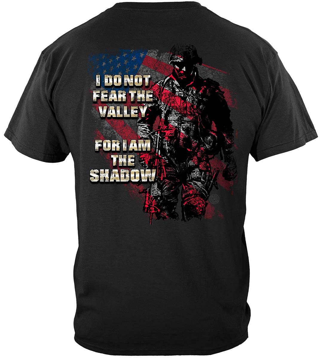 American Flag Soldier I Am the Shadow T-Shirt - back view