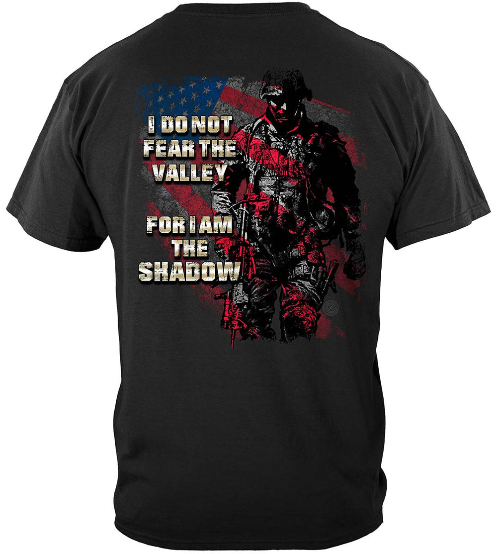 American Flag Soldier I Am the Shadow T-Shirt - back view