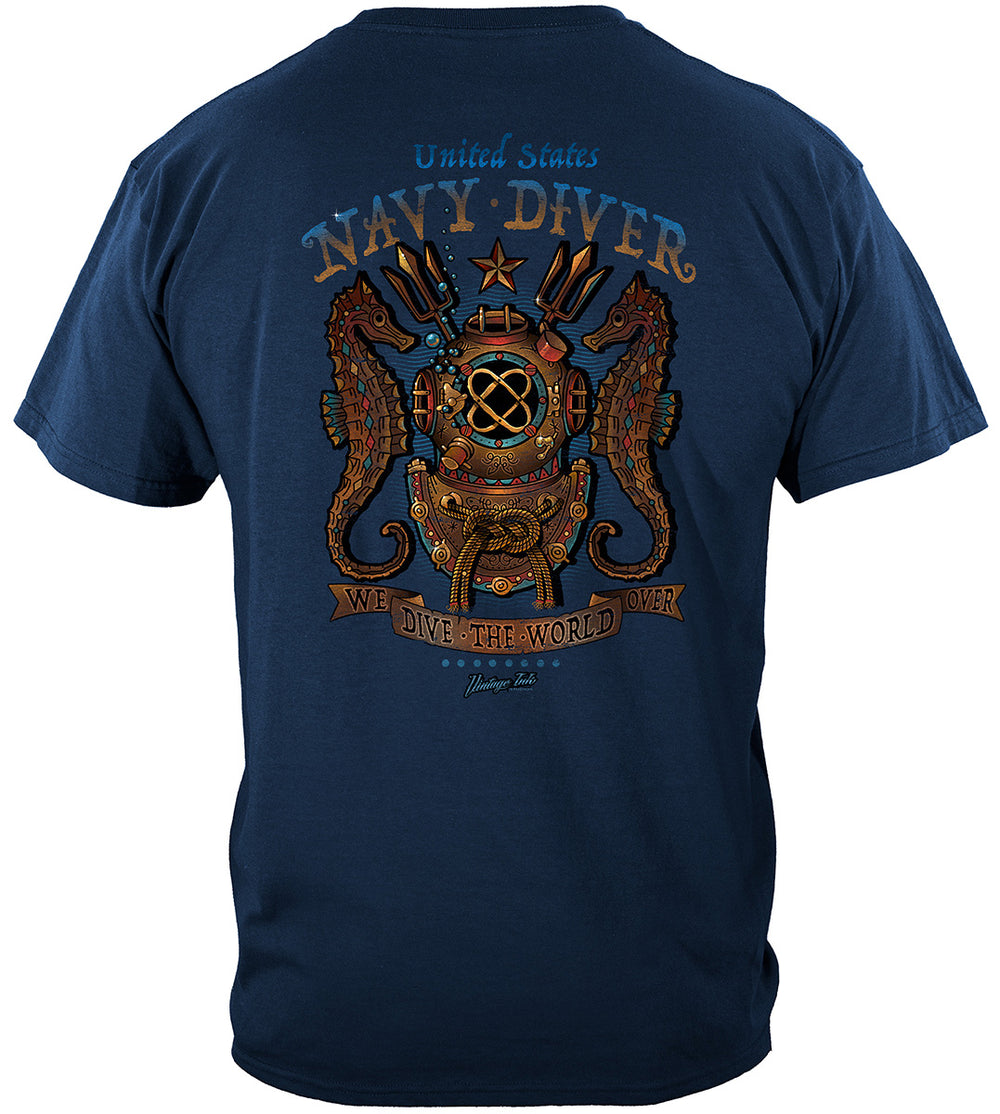 US Navy Diver Tattoo We Dive the World Over T-Shirt - back view