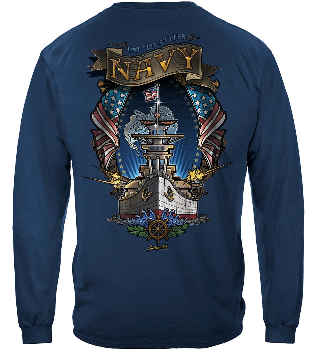 US Navy Destroyer Full Steam Ahead Vintage Tattoo Long Sleeve Shirt - back view