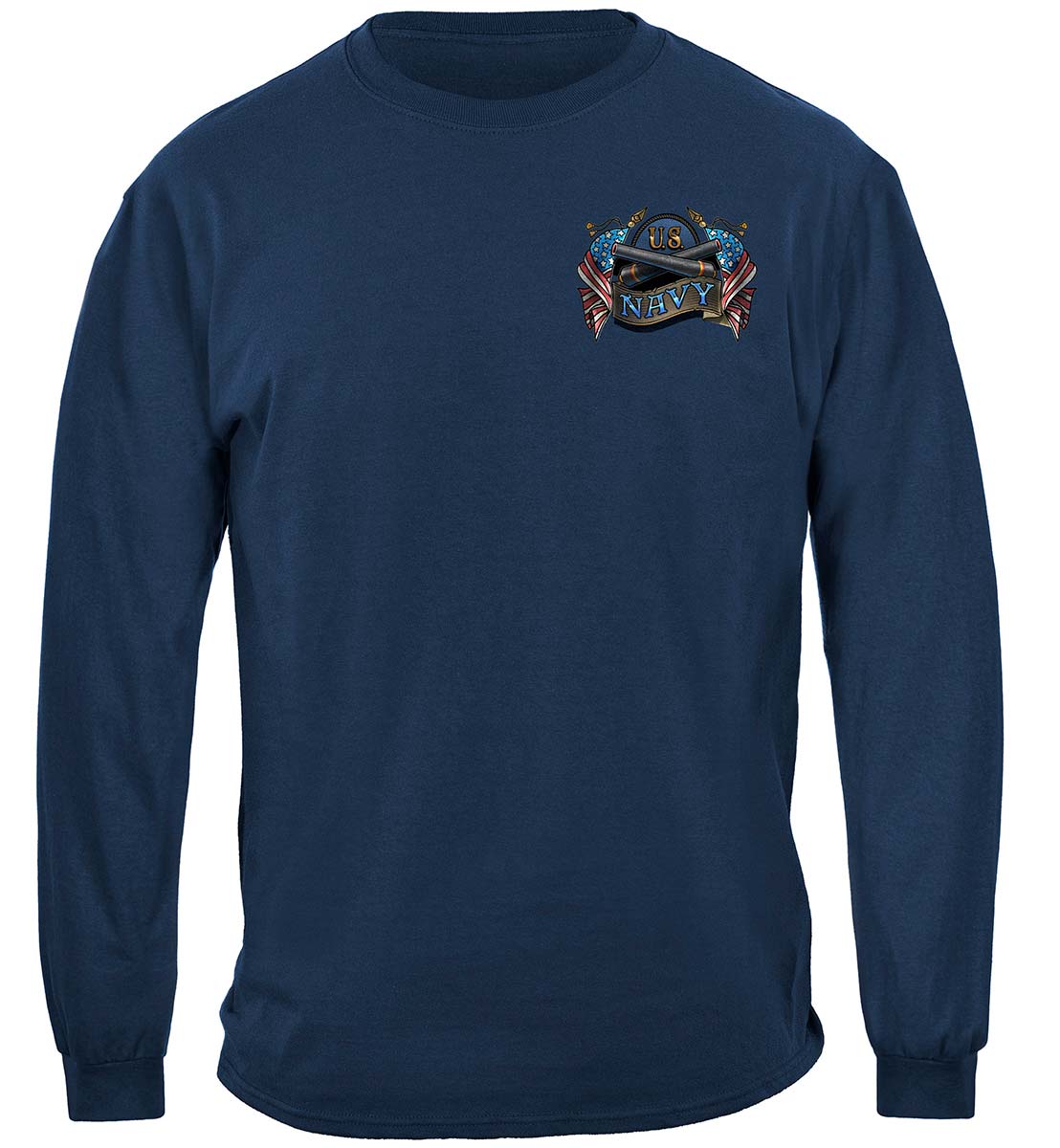 US Navy Destroyer Full Steam Ahead Vintage Tattoo Long Sleeve Shirt - front view