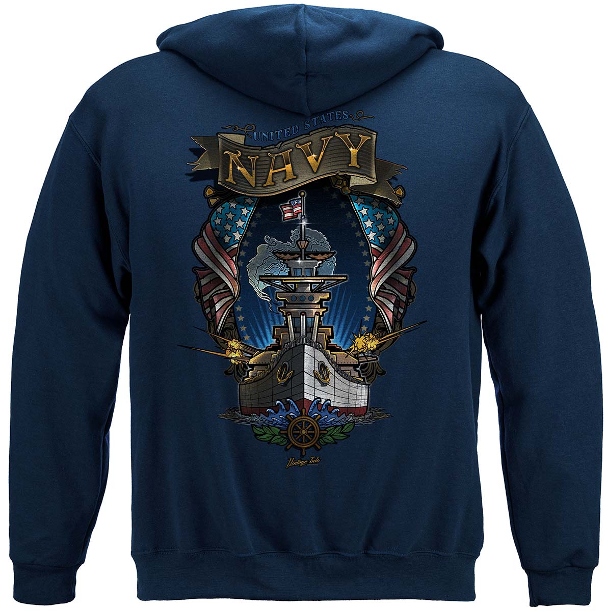 US Navy Destroyer Full Steam Ahead Vintage Tattoo Hoodie - back view