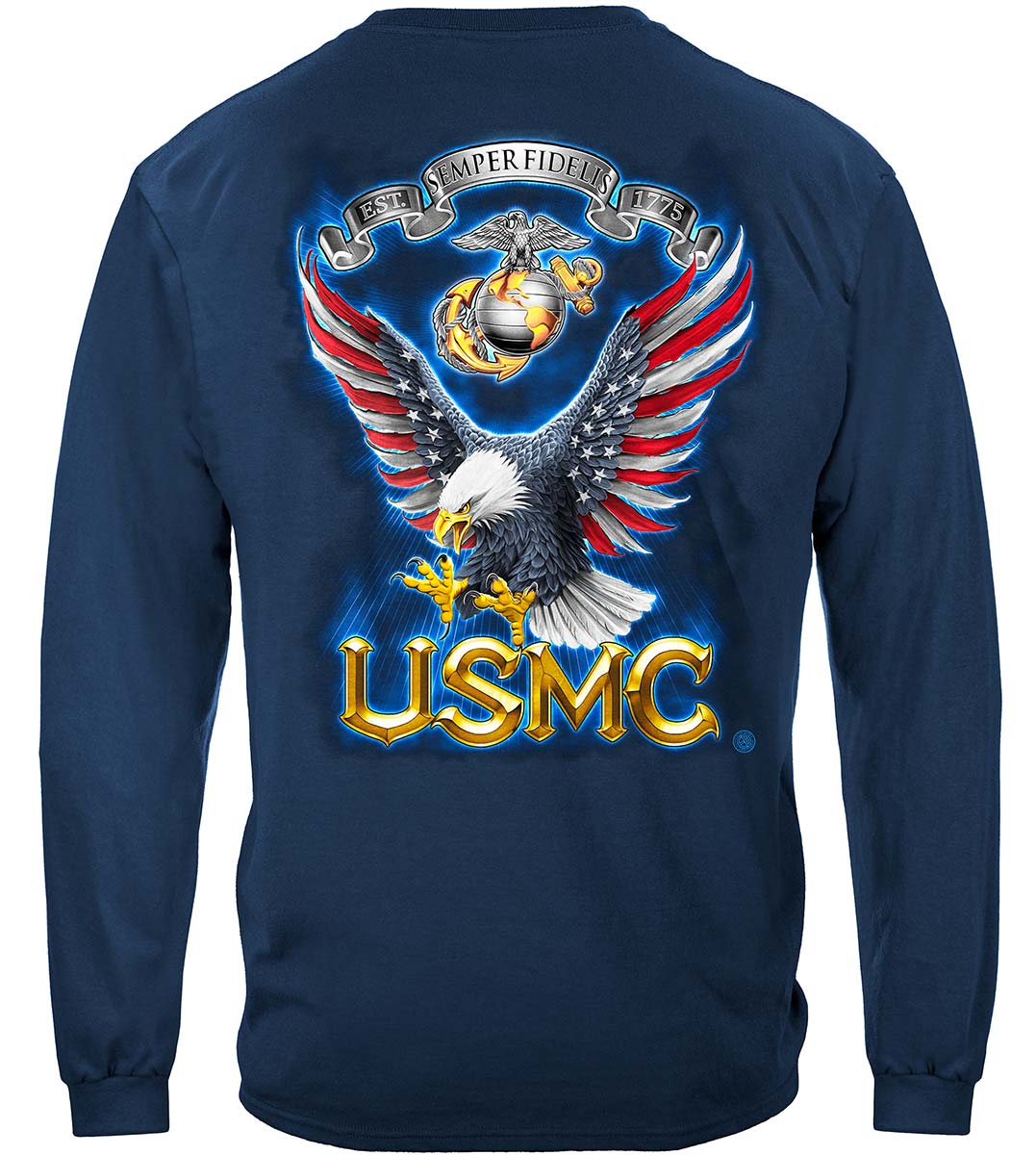 USMC Eagle American Flag Bald Eagle Feather Long Sleeve Shirt - back view