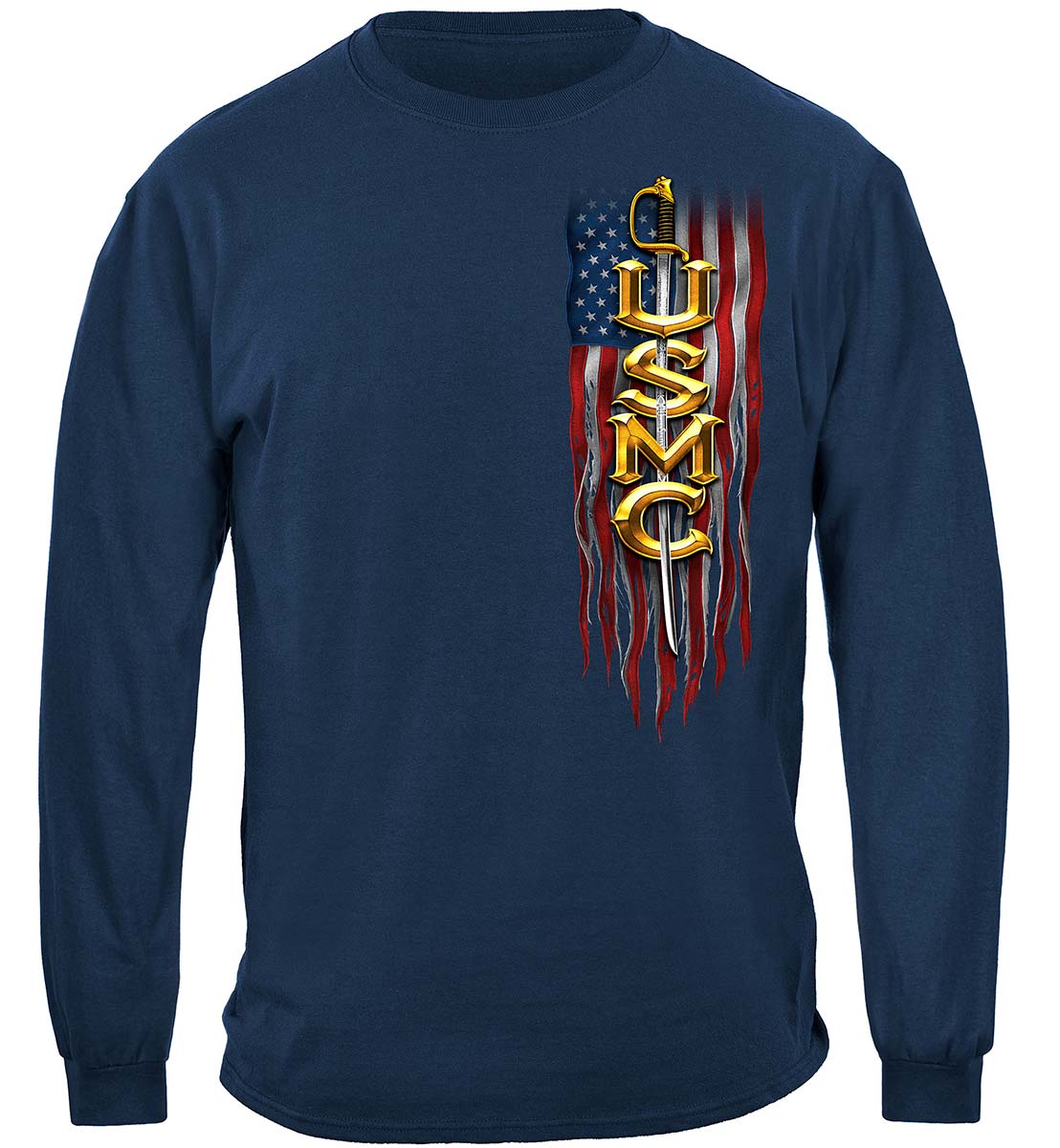 USMC Eagle American Flag Bald Eagle Feather Long Sleeve Shirt - front view