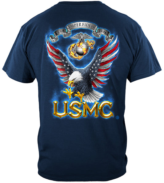USMC Eagle American Flag Bald Eagle Feather T-Shirt - back view