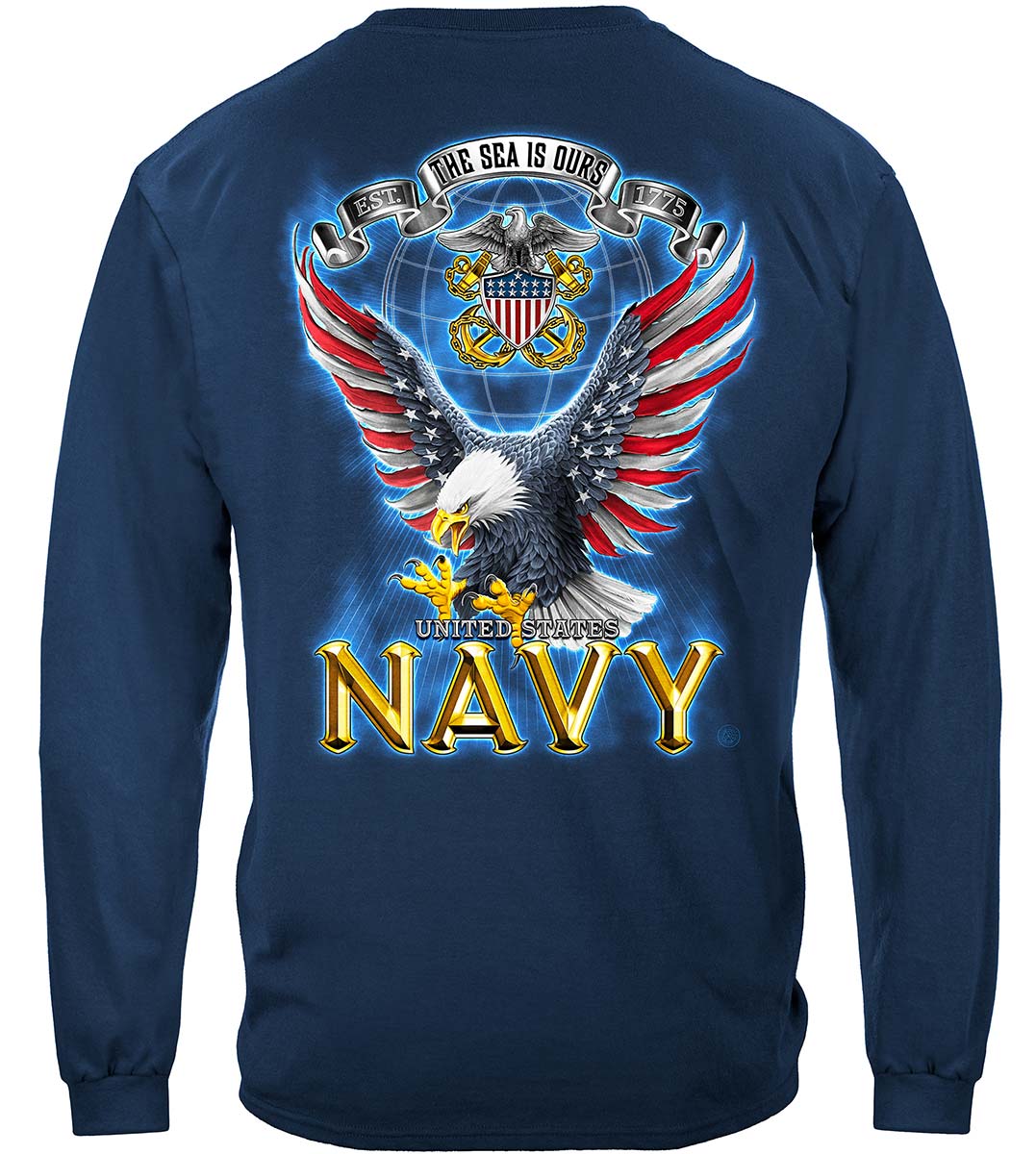 Navy Eagle American Flag Bald Eagle Feather Long Sleeve Shirt - back view
