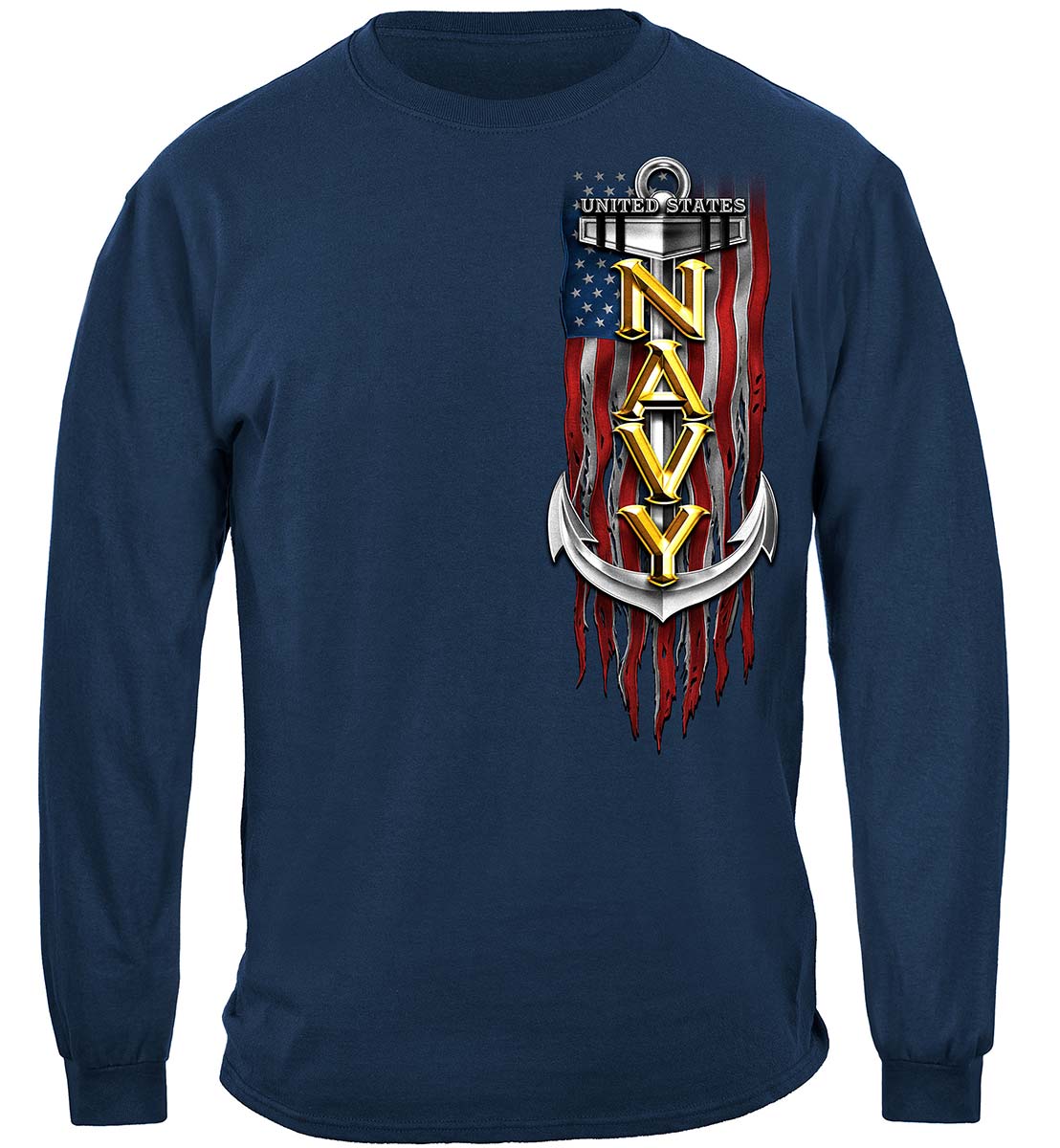 Navy Eagle American Flag Bald Eagle Feather Long Sleeve Shirt - front view