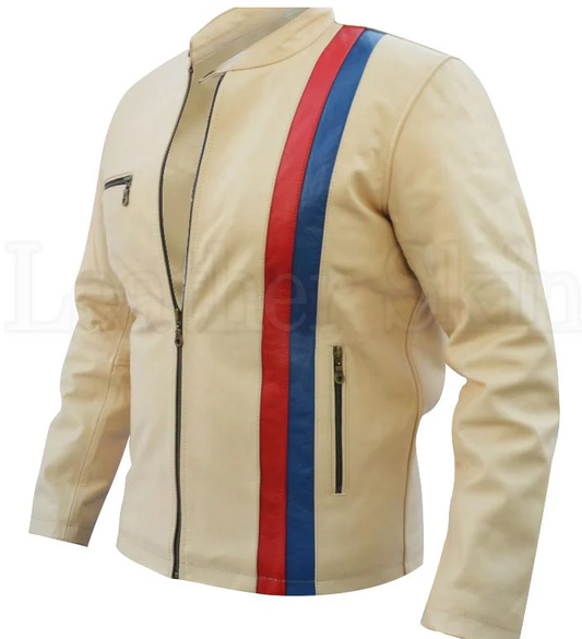 Men Off-White Cream Blue Red Stripes Motorcycle Genuine Leather Jacket