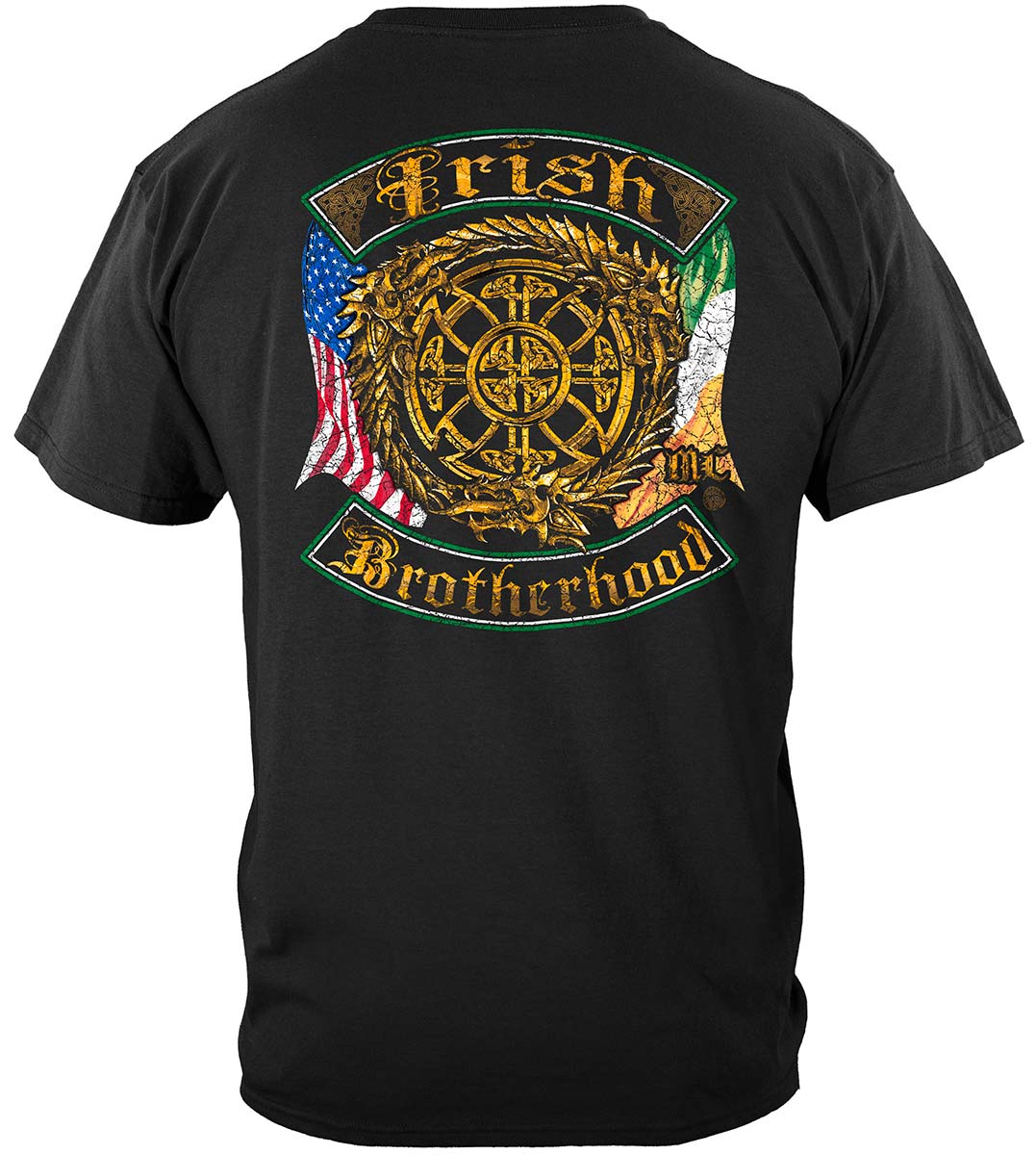 Irish Double Flag Brotherhood Distressed Gold Foil T-Shirt - back view