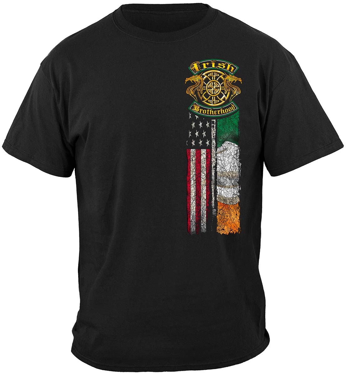 Irish Double Flag Brotherhood Distressed Gold Foil T-Shirt - front view