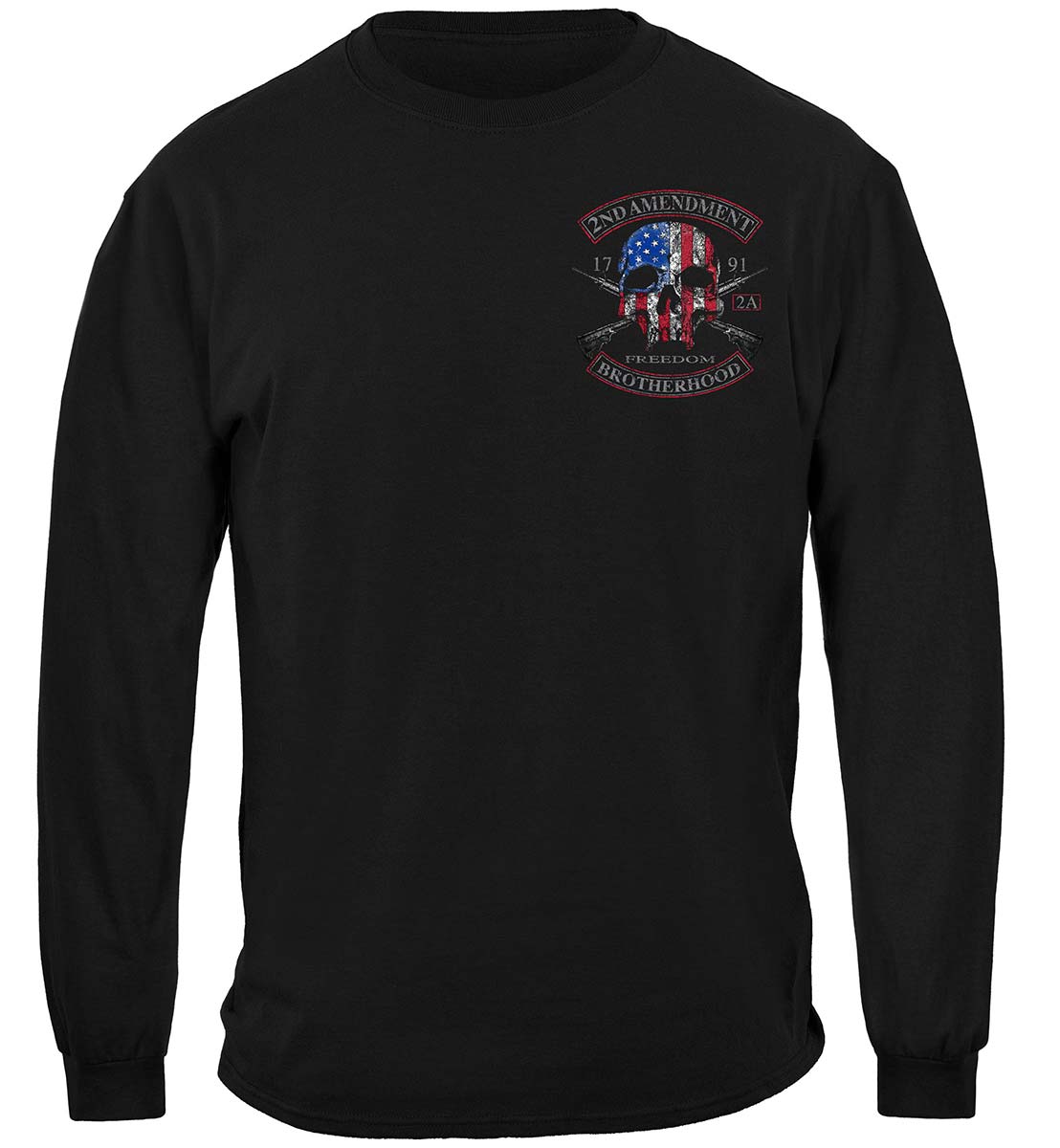 2nd Amendment Brotherhood Biker Skull and Flag Long Sleeve Shirt - front view