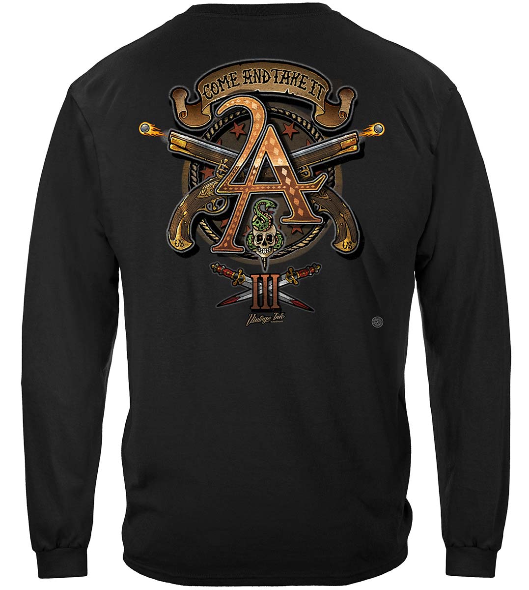 2nd Amendment Come and Take It Three Percenter Vintage Tattoo Long Sleeve Shirt - back view