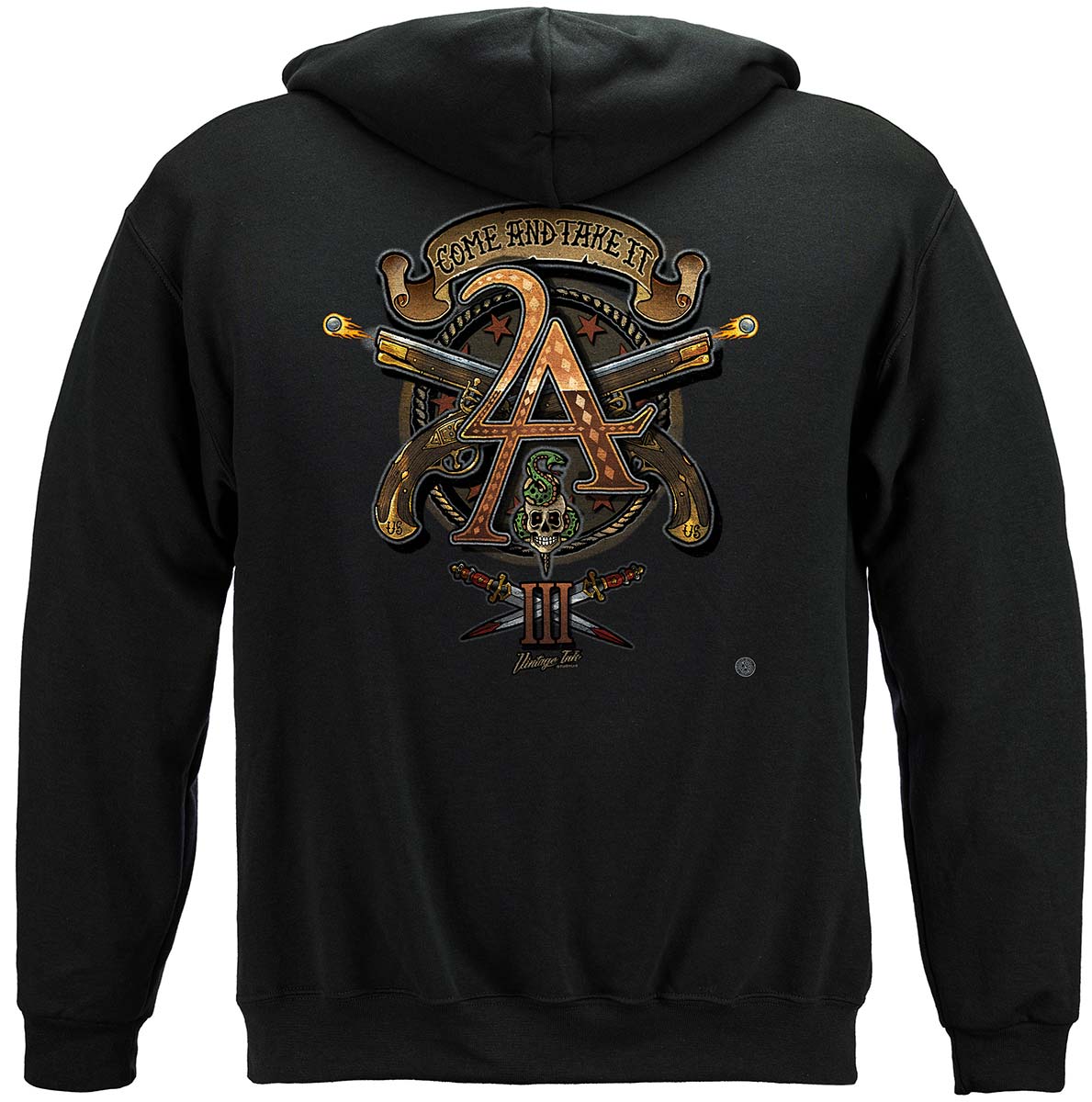 2nd Amendment Come and Take It Three Percenter Vintage Tattoo Hoodie - back view