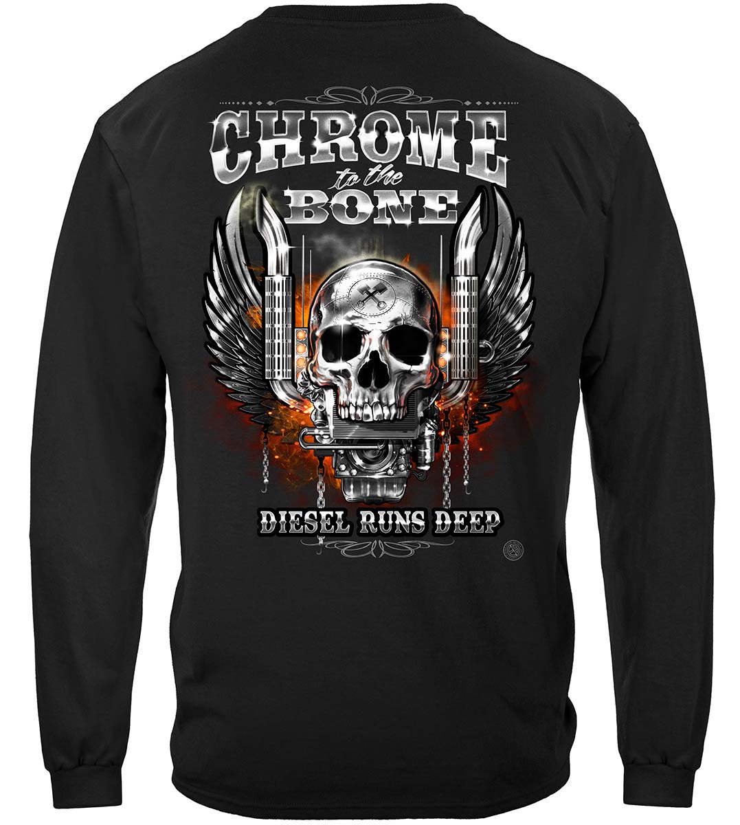 Trucker Chrome to the Bone Diesel Runs Deep Long Sleeve Shirt - back view