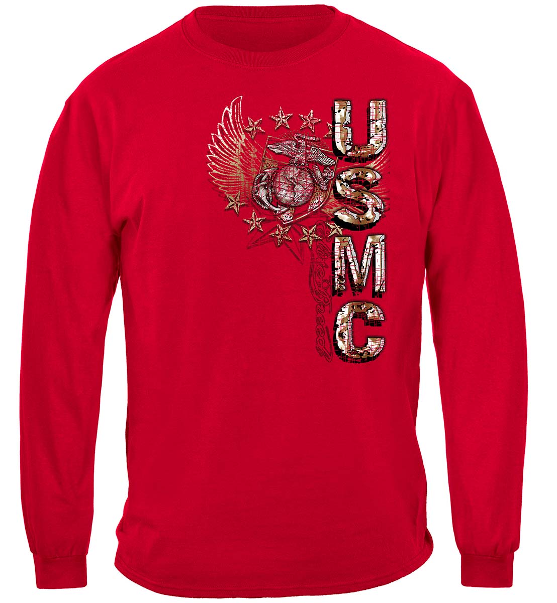 USMC Pride Duty Honor Stars Silver Foil Long Sleeve Shirt - front view